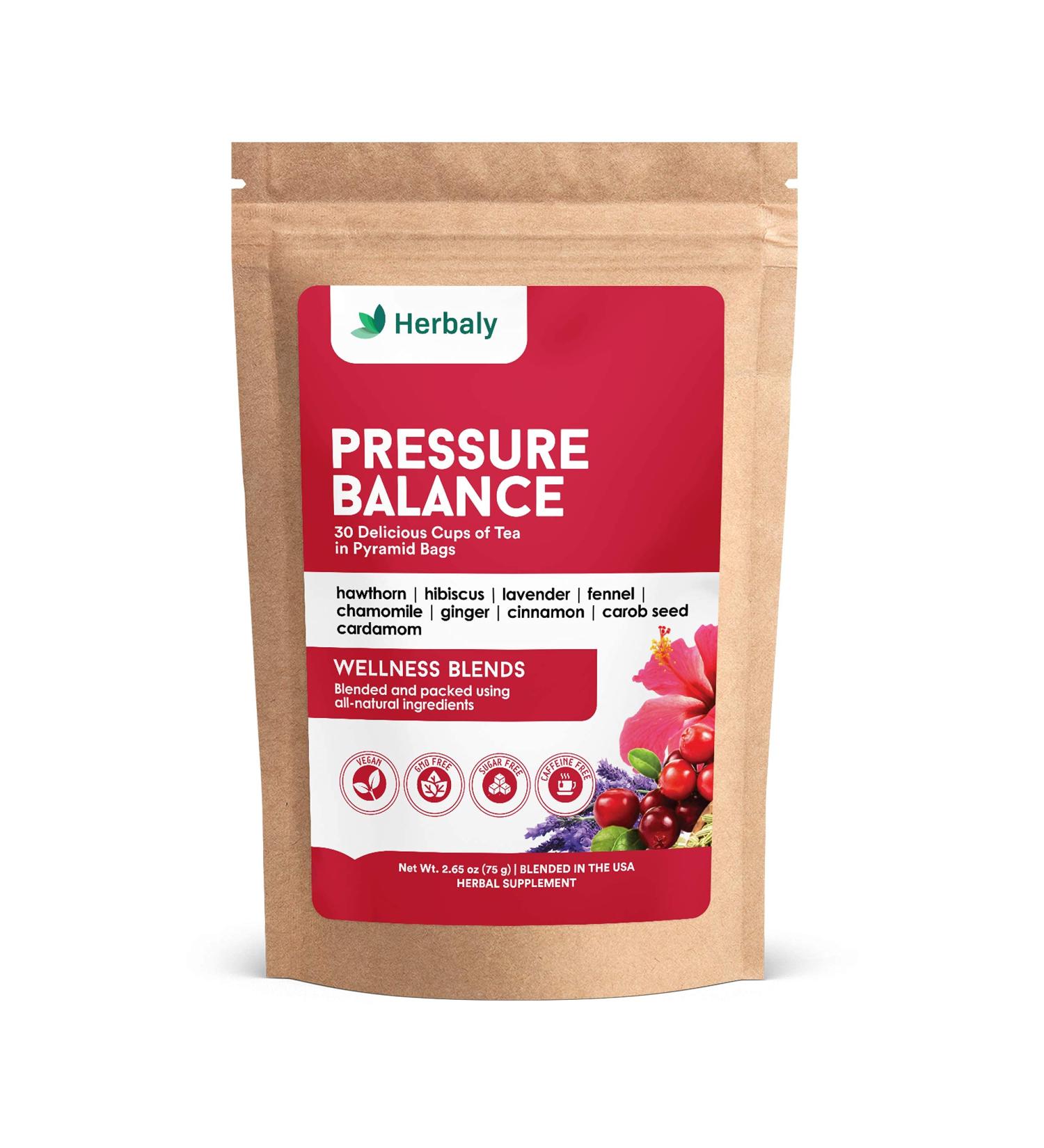 Herbaly Pressure Balance Tea - 9 Superherbs for Cardiovascular Health - Natural & Organic - Caffeine-Free - 30 Pyramid Tea Bags (2.65 oz) - Buy Online on GoSupps.com