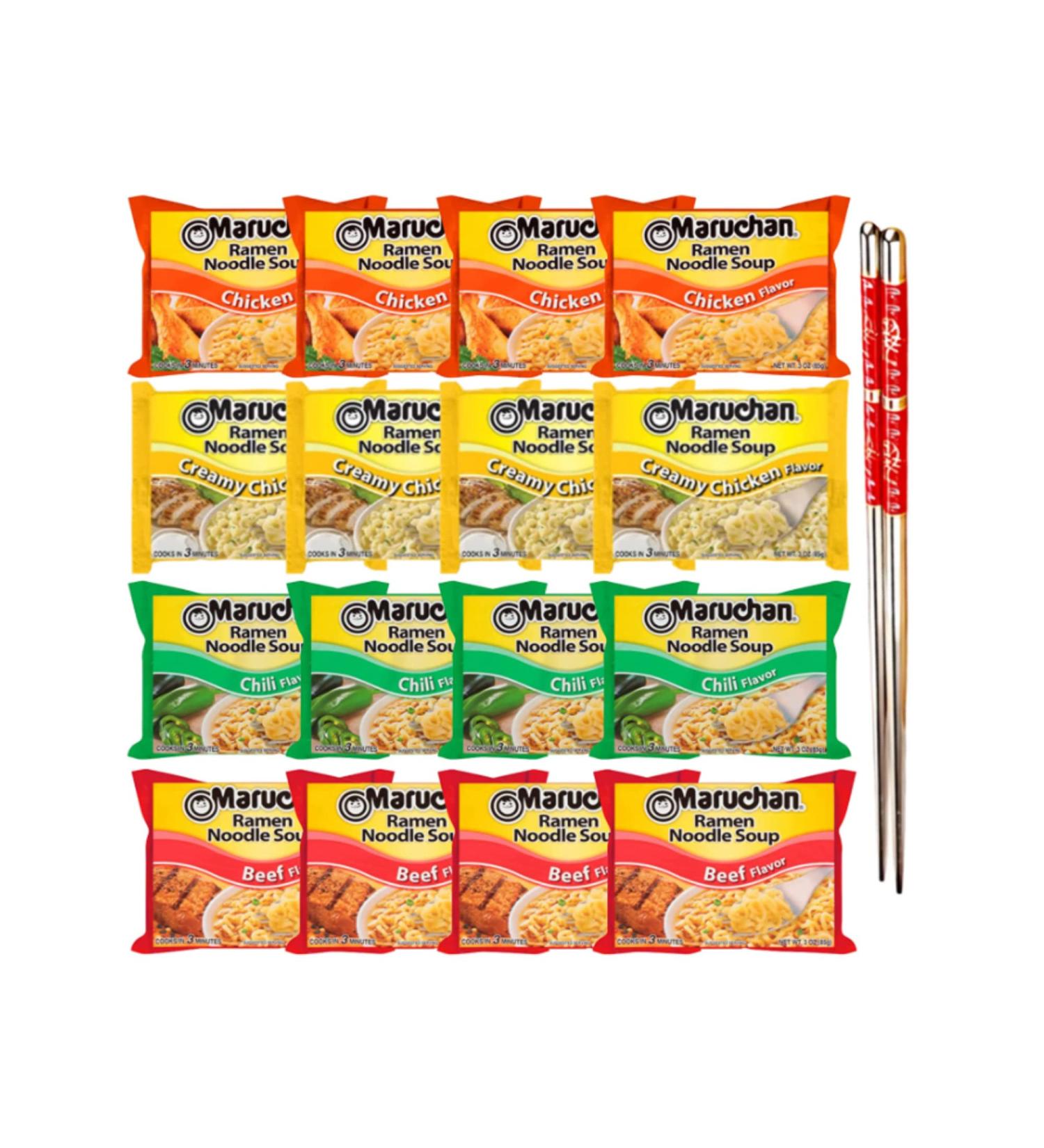 Ja Cor Instant Ramen Noodles Soup Variety Pack 4 Flavors: (4) Chicken (4) Creamy Chicken (4) Chili (4) Beef Noodle Flavor 3 oz Bundle with (1) Set of Reusable Chopsticks(16 Individual Packs) - Buy Online on GoSupps.com