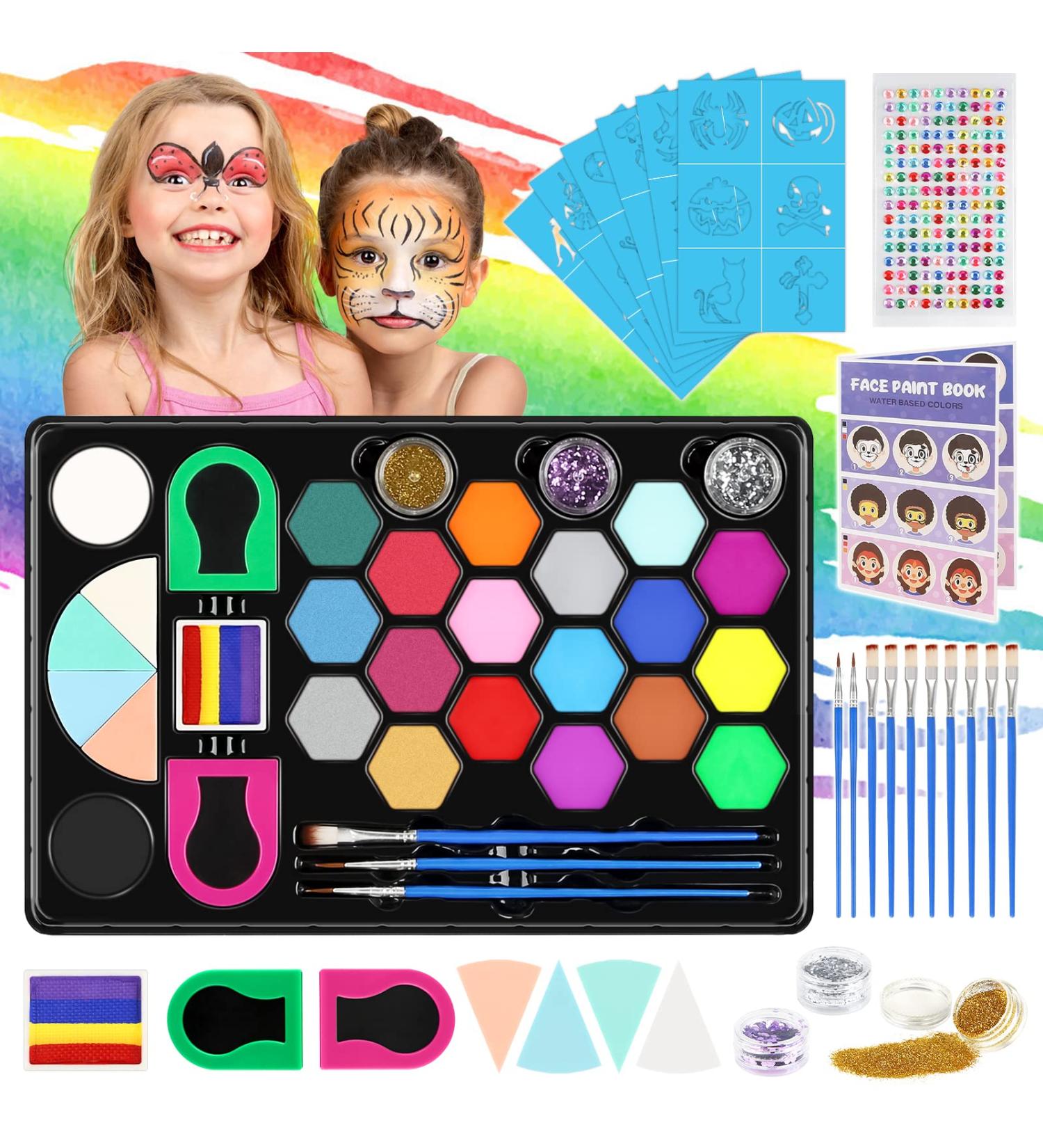 40-Piece Kids Face Paint Kit | 20 Colors with Stickers, Brushes, Sponges & Split Cake | Professional Face Painting Set - Buy Online on GoSupps.com