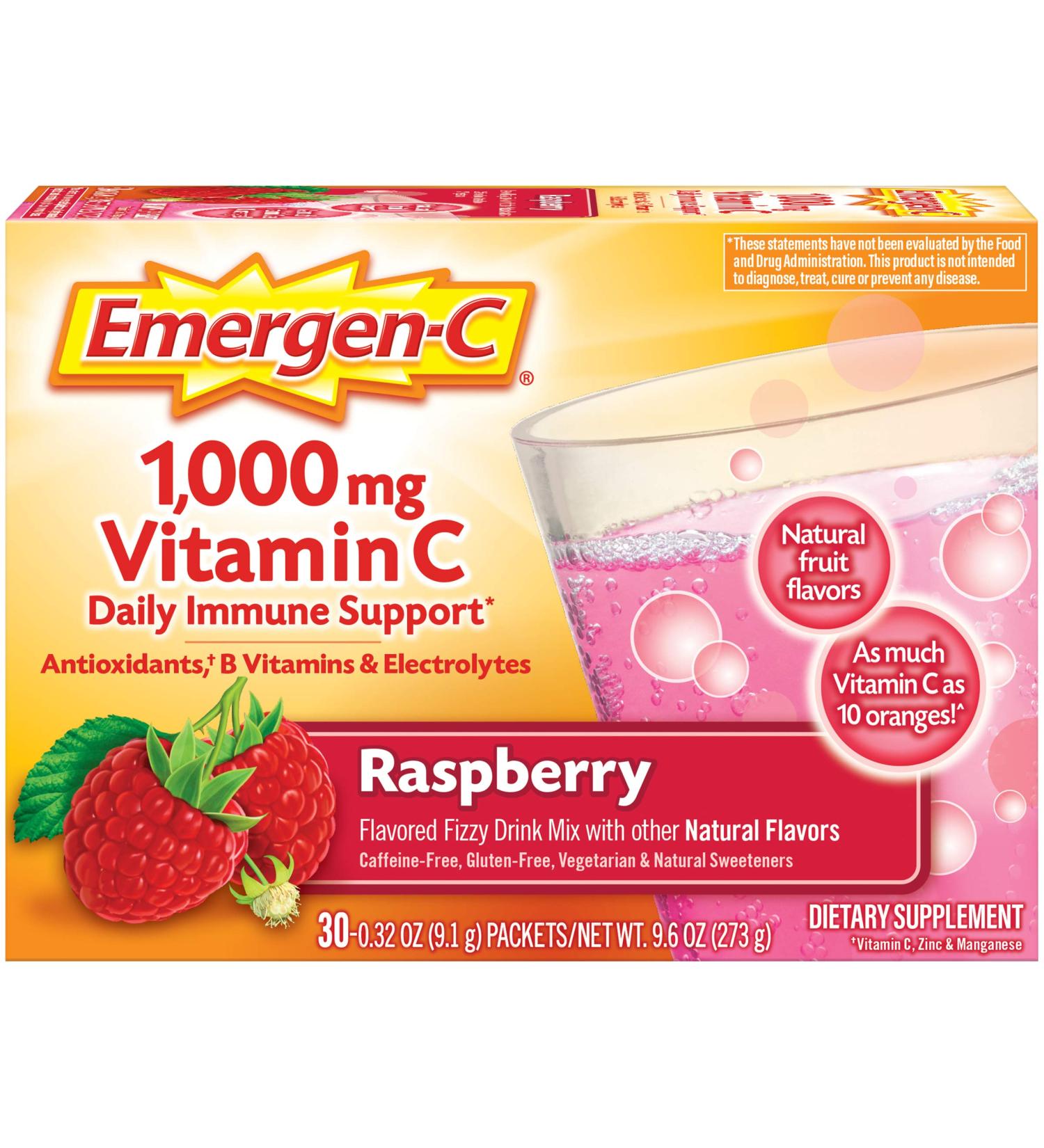 Emergen-C Vitamin C Raspberry Fizzy Drink Mix - 1000 mg, 30 Packets | Immune Support - Buy Online on GoSupps.com