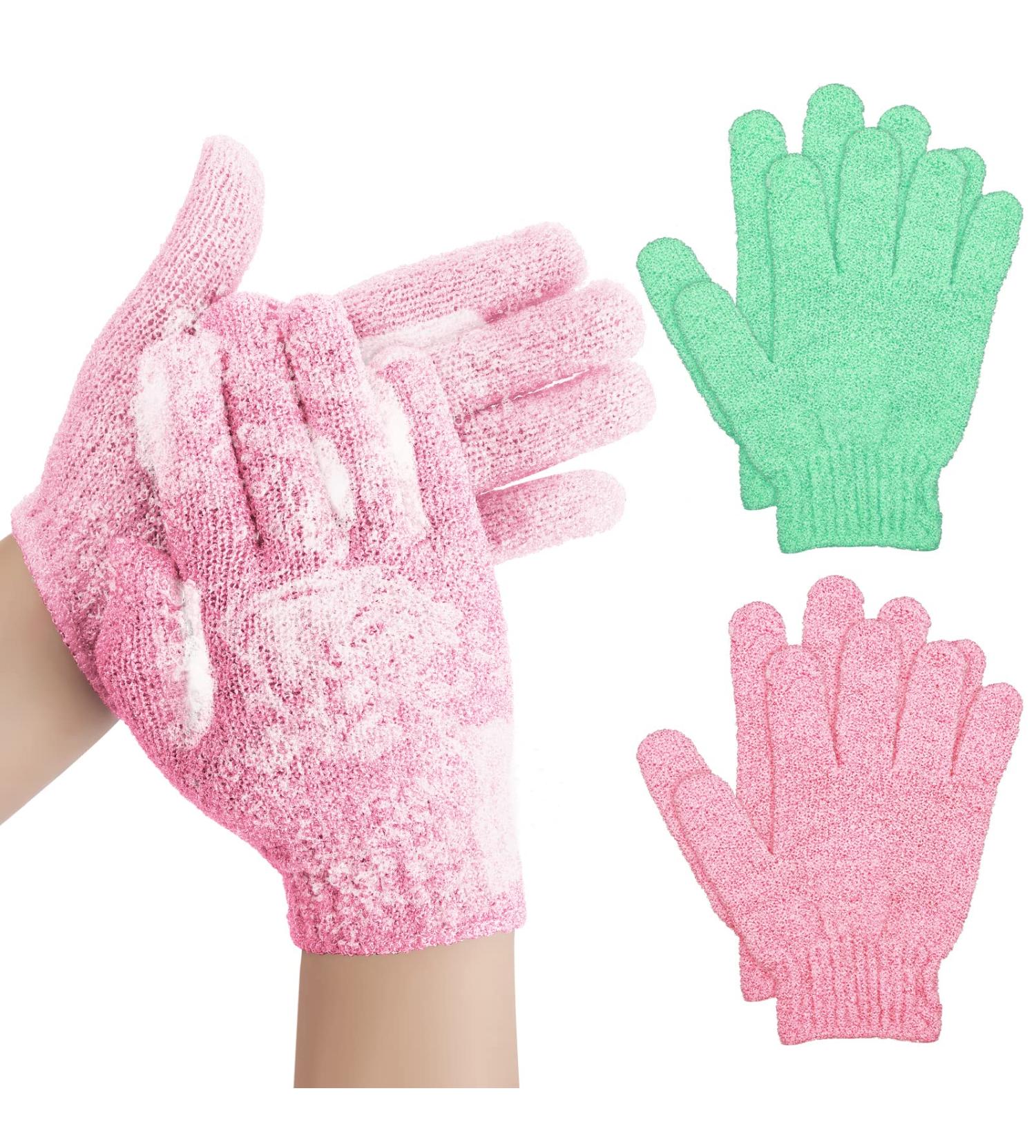 Sibba Bath Gloves - Natural Loofah Exfoliating Wash Gloves for Body and Face - Dead Skin Remover - Double Sided Microfibre Shower Gloves - 2 Pair Pink & Green - Buy Online on GoSupps.com