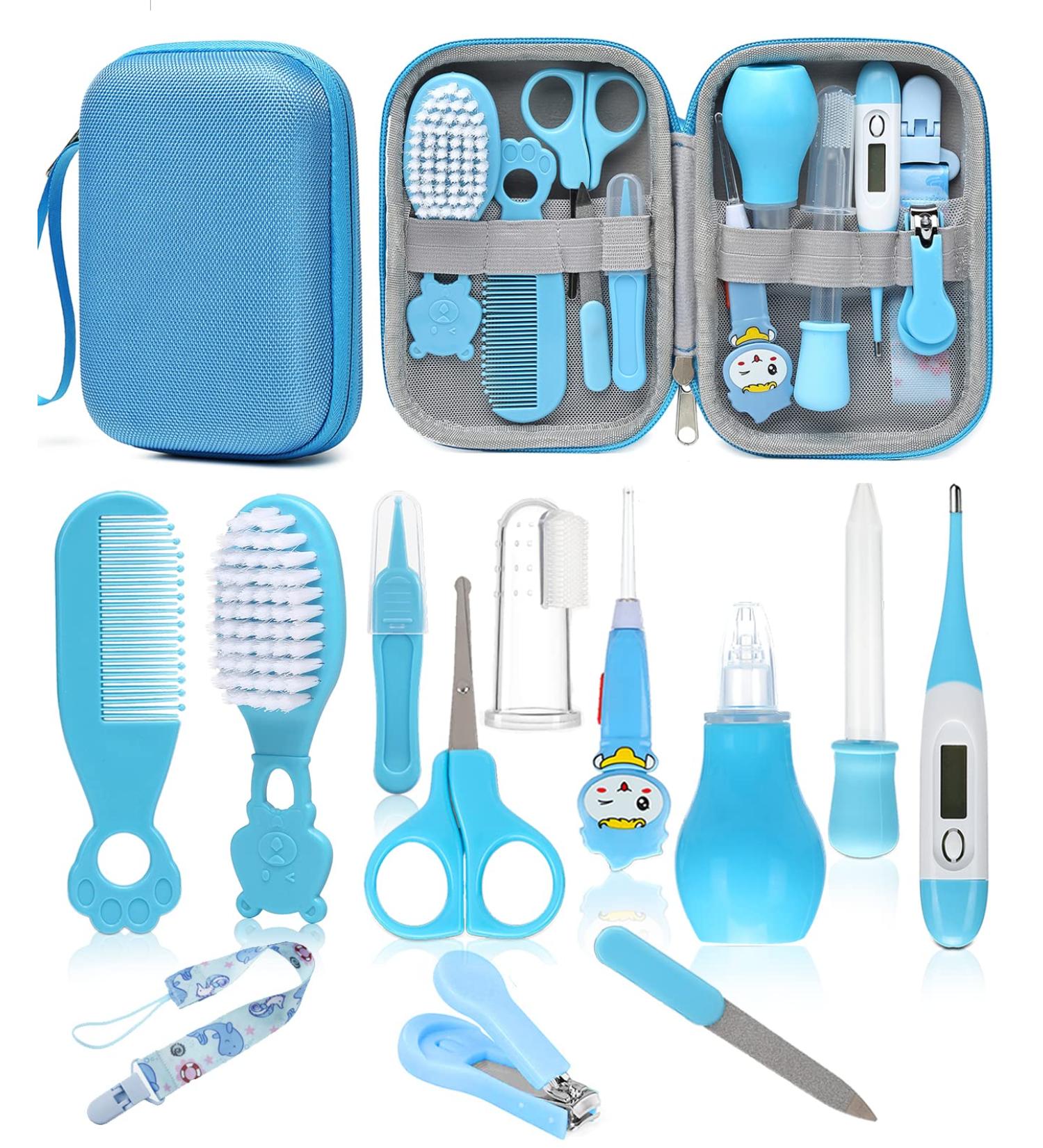 Baby Healthcare & Grooming Kit - Nursery Care Set with Hair Brush, Nail Clipper, Thermometer & More (Blue) - For Newborn Boys & Girls - Buy Online on GoSupps.com