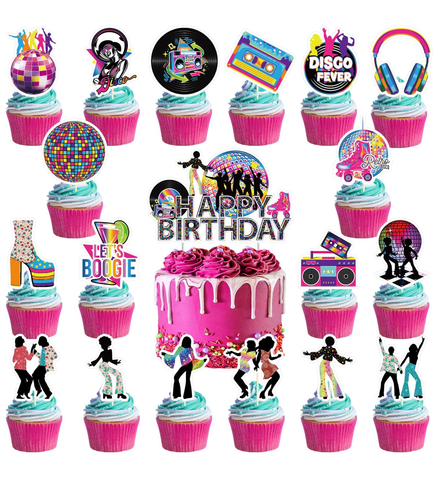 37pcs Dance Disco Boogie cake decoration set include 1pc big cake topper 36pcs cupcake toppers for Dance Disco Boogie Theme birthday party decor (Dance Disco)