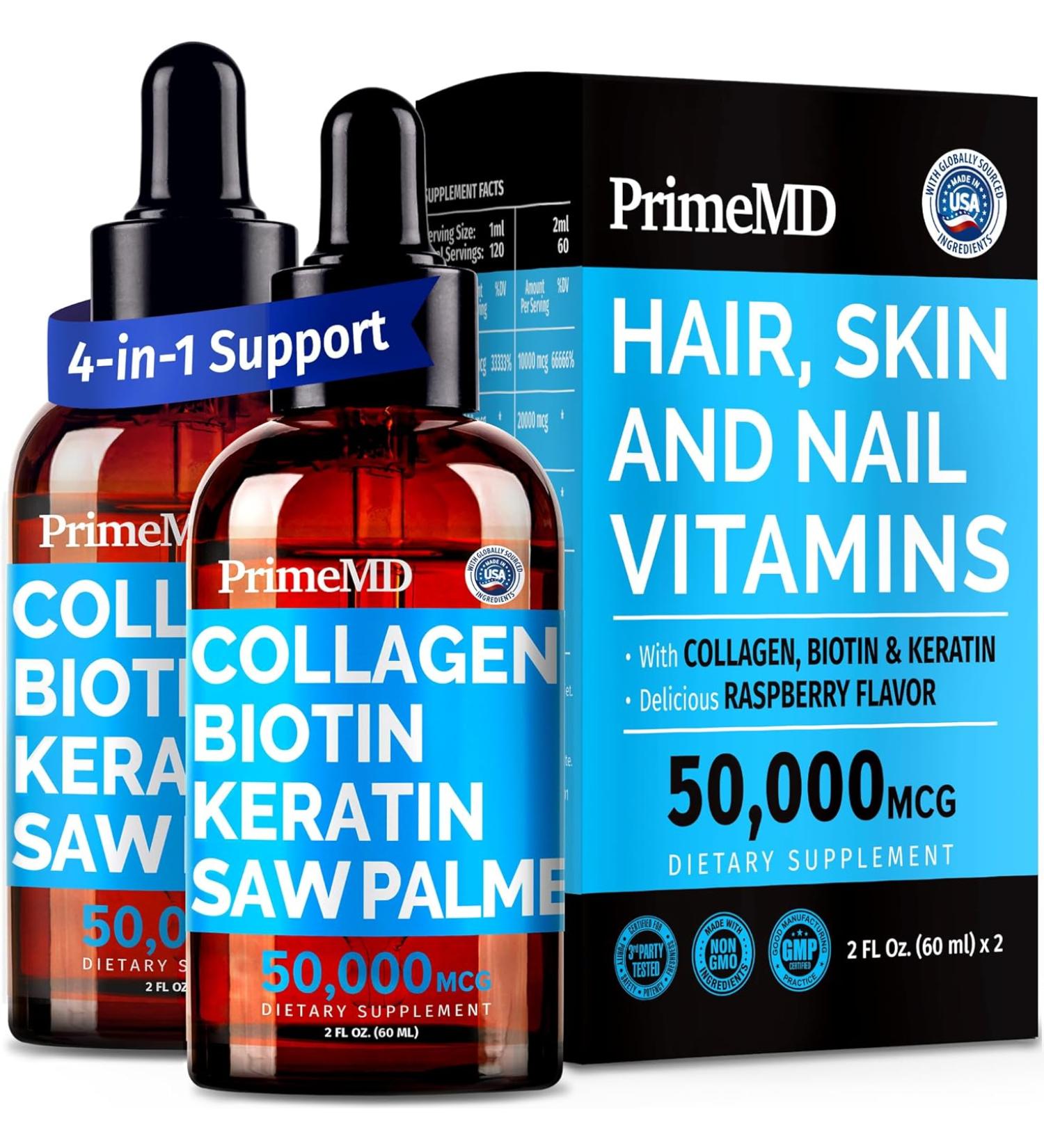 2-Pack Liquid Biotin Collagen Keratin Drops for Hair Skin Nails - 25000mcg Biotin & Collagen Supplement - Hair Growth Formula - 4 fl oz - Buy Online on GoSupps.com