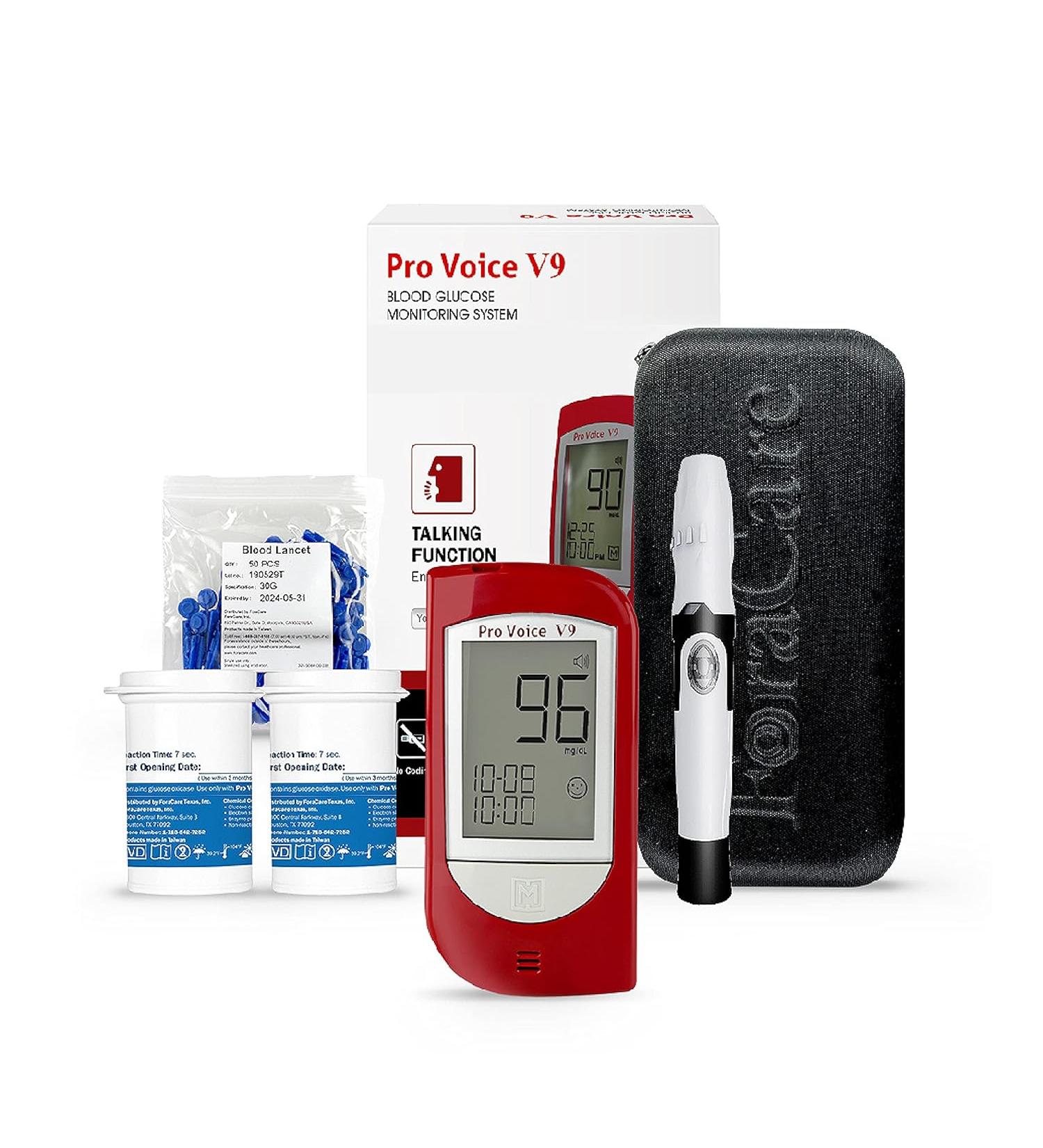 FORA Pro Voice V9 Diabetes Testing Kit | Talking Glucometer with 1 Meter, 100 Test Strips, 100 Lancets, Painless Lancing Device & Carry Case - Buy Online on GoSupps.com