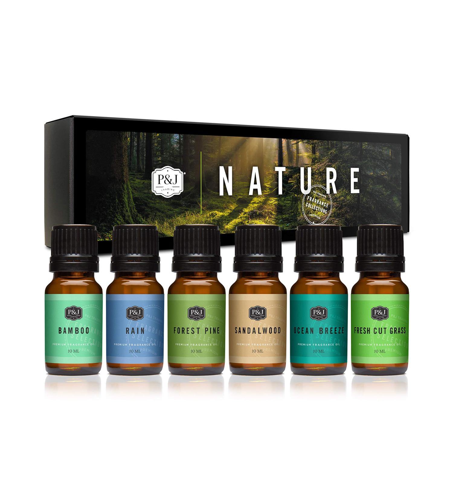 Nature Set of 6 Premium Grade Fragrance Oils - Forest Pine, Ocean Breeze, Rain, Fresh Cut Grass, Sandalwood, Bamboo - 10ml