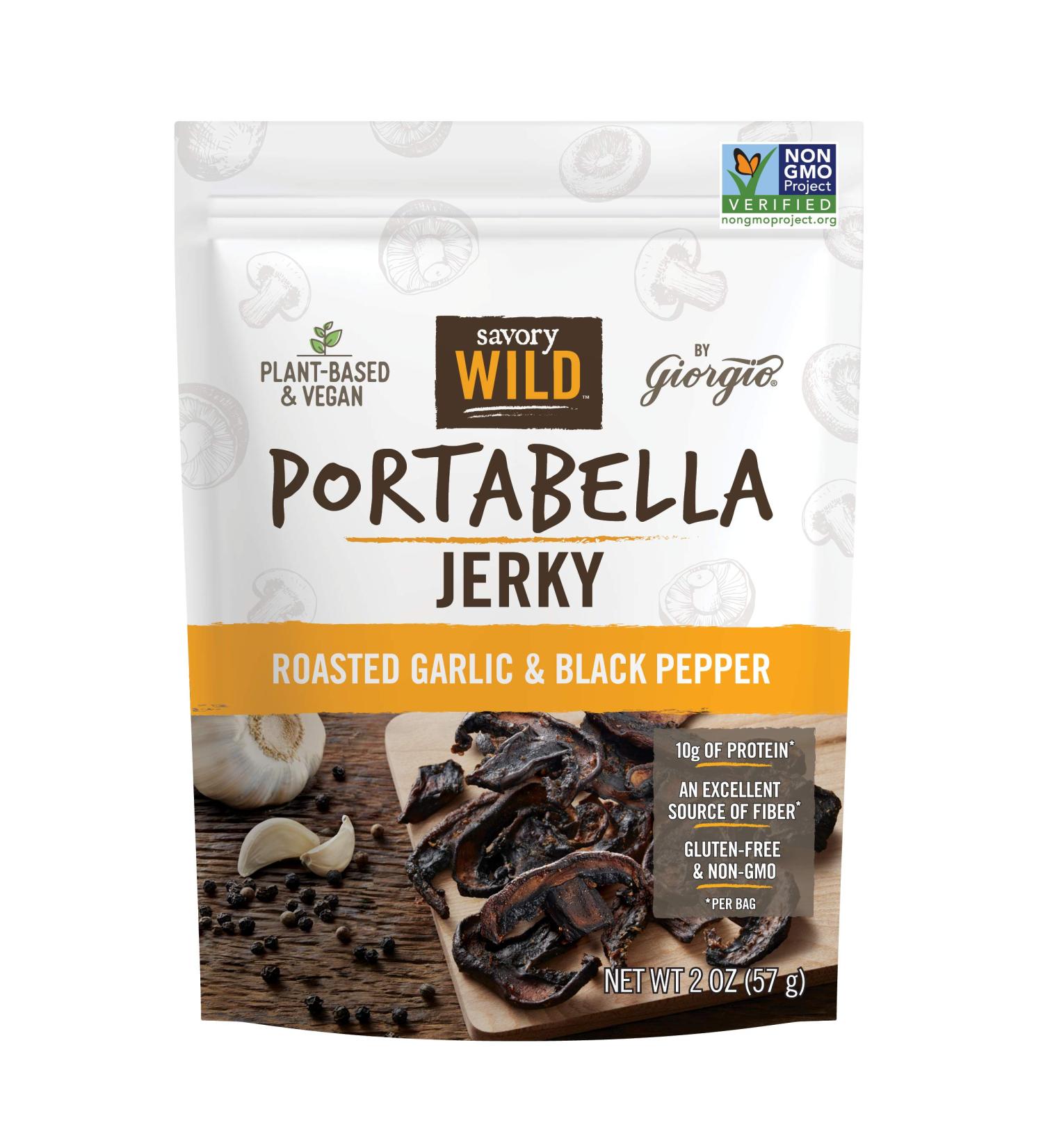 Savory Wild Vegan Portabella Mushroom Jerky - Gluten Free, Non-GMO, Roasted Garlic & Black Pepper - Buy Online on GoSupps.com