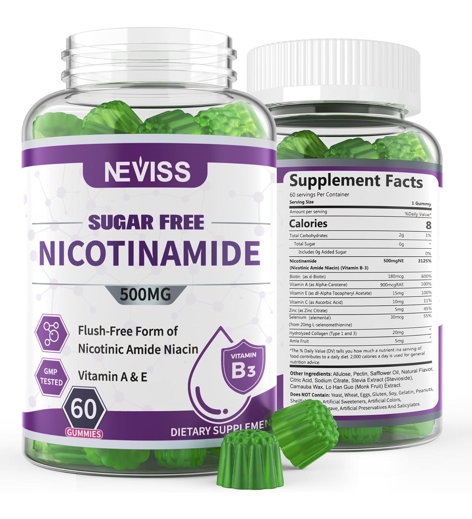 Nicotinamide 500mg Gummies Vitamin B3 Flush Free Nicotinic Amide Niacin Supplement for Adults w/Vitamin A E C Biotin & Zinc for Healthy Aging & Cellular Energy Metabolism Gelatin Free 120cts - Buy Online on GoSupps.com