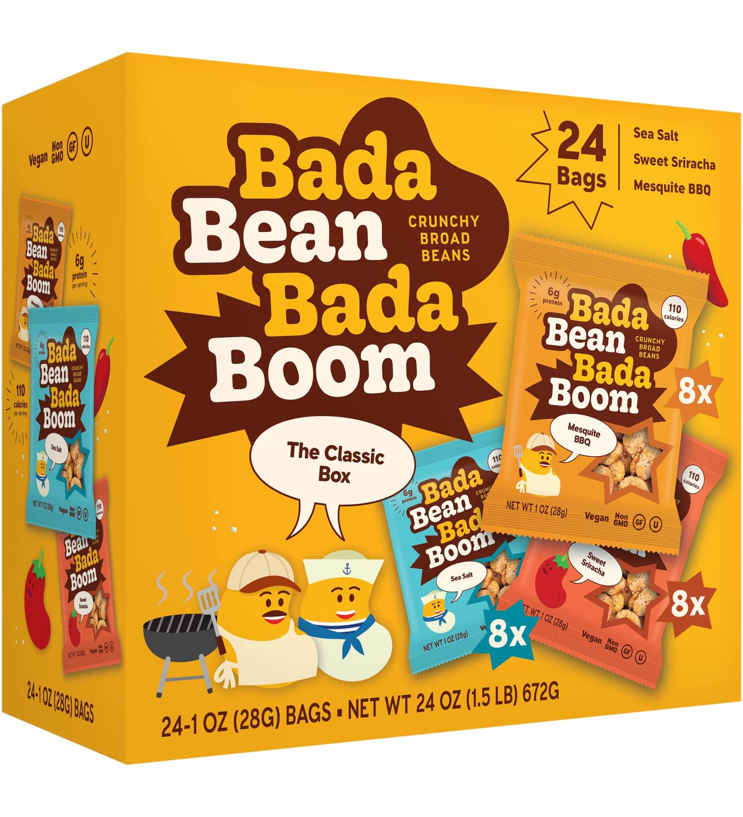 Bada Bean Bada Boom Plant-Based Protein Gluten Free Vegan Crunchy Roasted Broad (Fava) Bean Snacks 100 Calorie Packs The Classic Box Variety Pack 1 Ounce (24 Count)