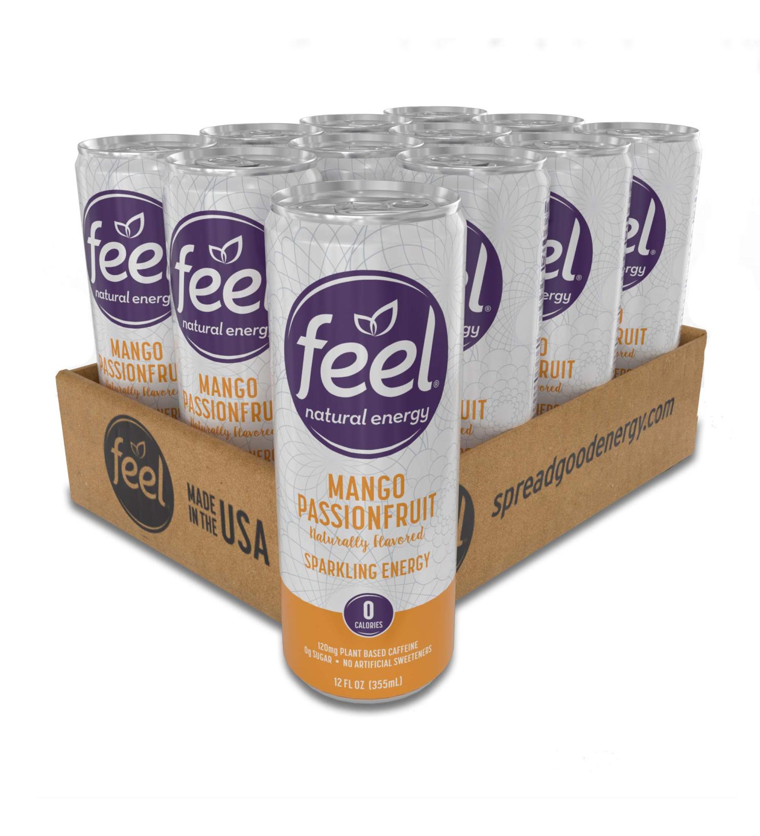 FEEL Sparkling Mango Passionfruit Energy Drink - Zero Sugar, Healthy L-Theanine & Caffeine Boost, 12 oz (Pack of 12) - Buy Online on GoSupps.com