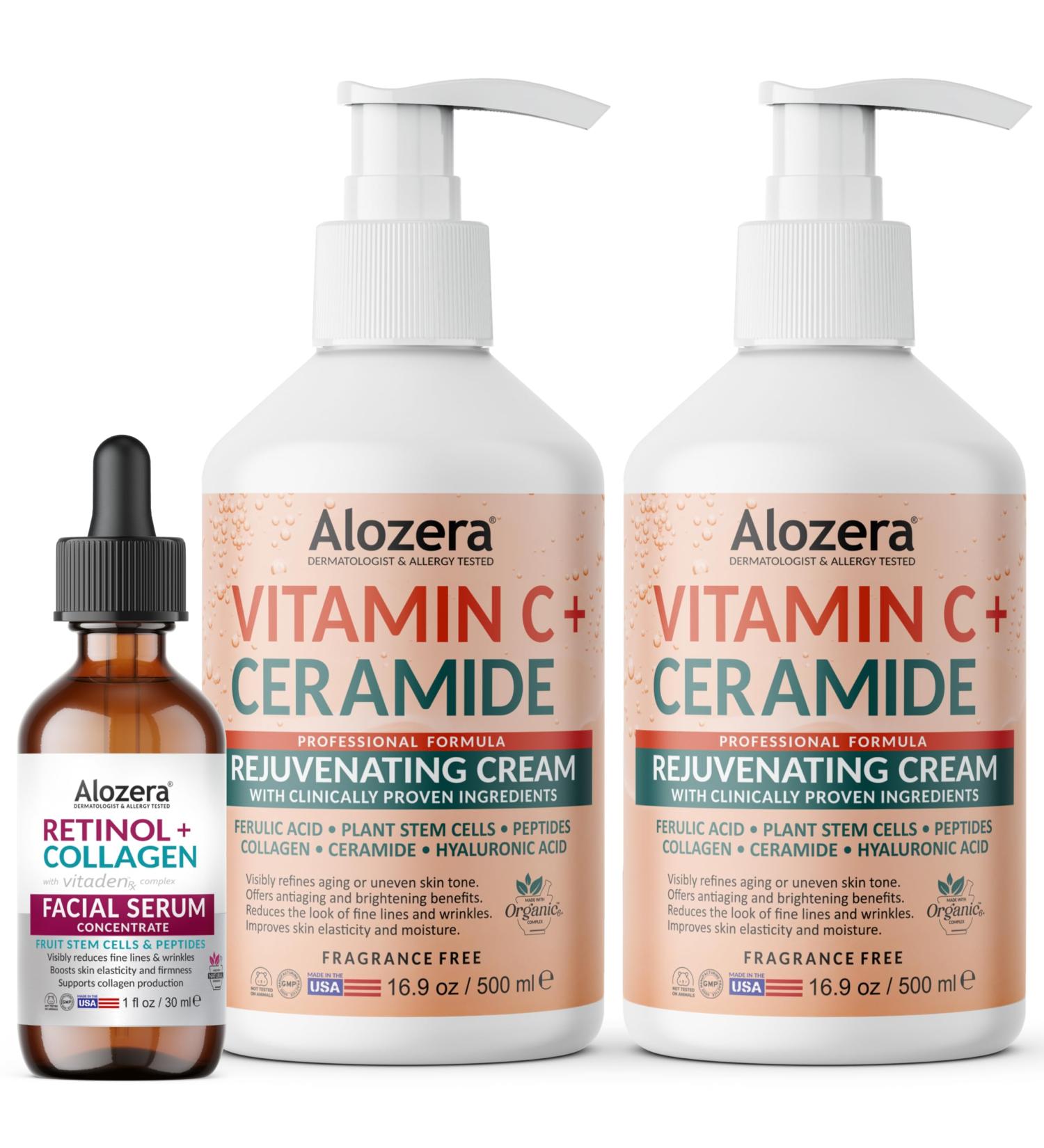 Alozera Vitamin C Body Lotion (2-Pack) and Retinol Collagen Serum with Ceramides and Stem Cells Hydrating and Firming Skincare Duo for Face Neck and Body Lightweight Fragrance-Free Made in USA - Buy Online on GoSupps.com