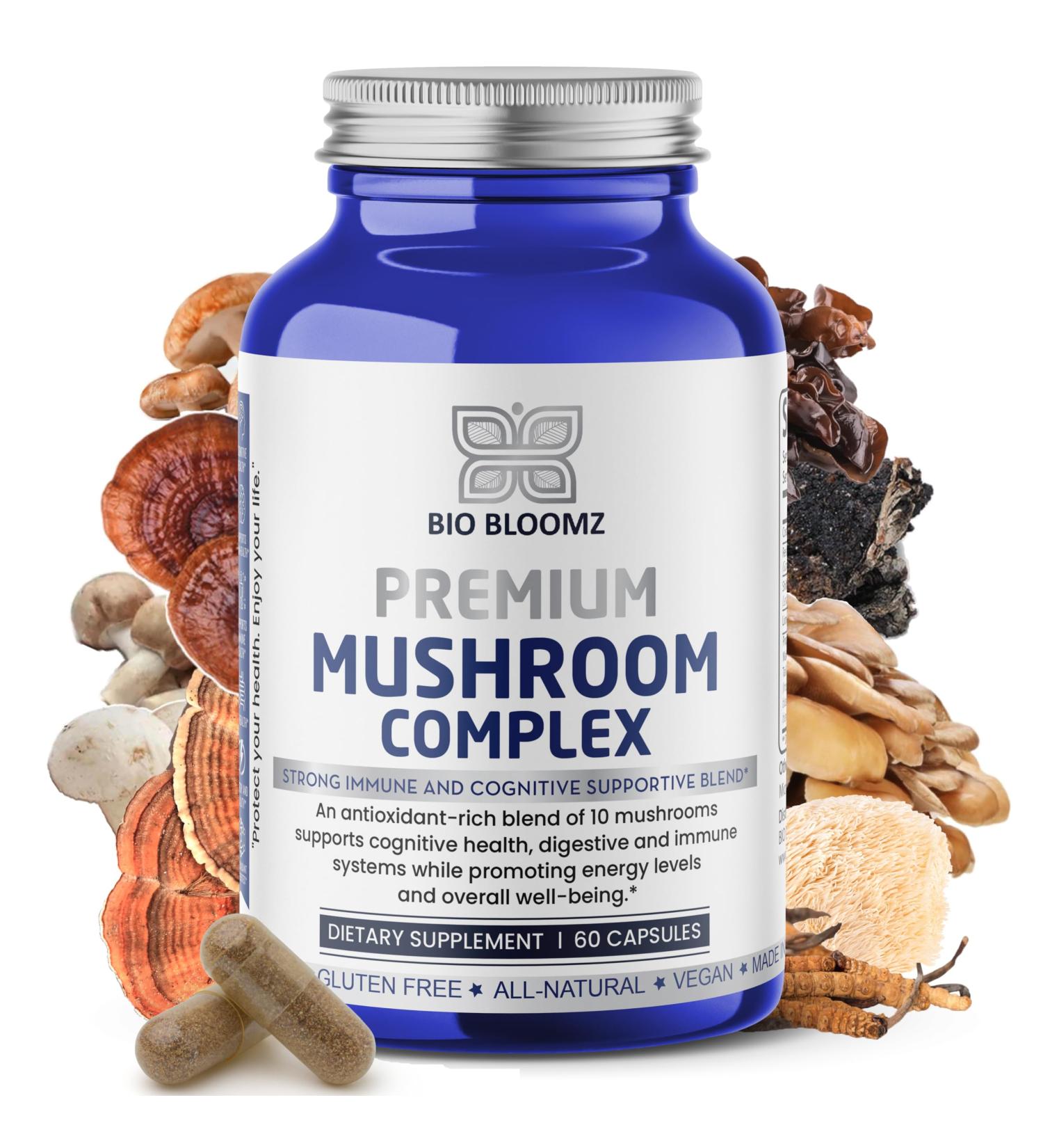 BIO Bloomz Premium Mushroom Complex Capsules - Lion's Mane Supplement Wellness Formula with Turkey Tail, Shiitake, Cordyceps, Reishi, Chaga, Maitake - Immune Support Mushrooms Herbal Supplements - 60 - Buy Online on GoSupps.com