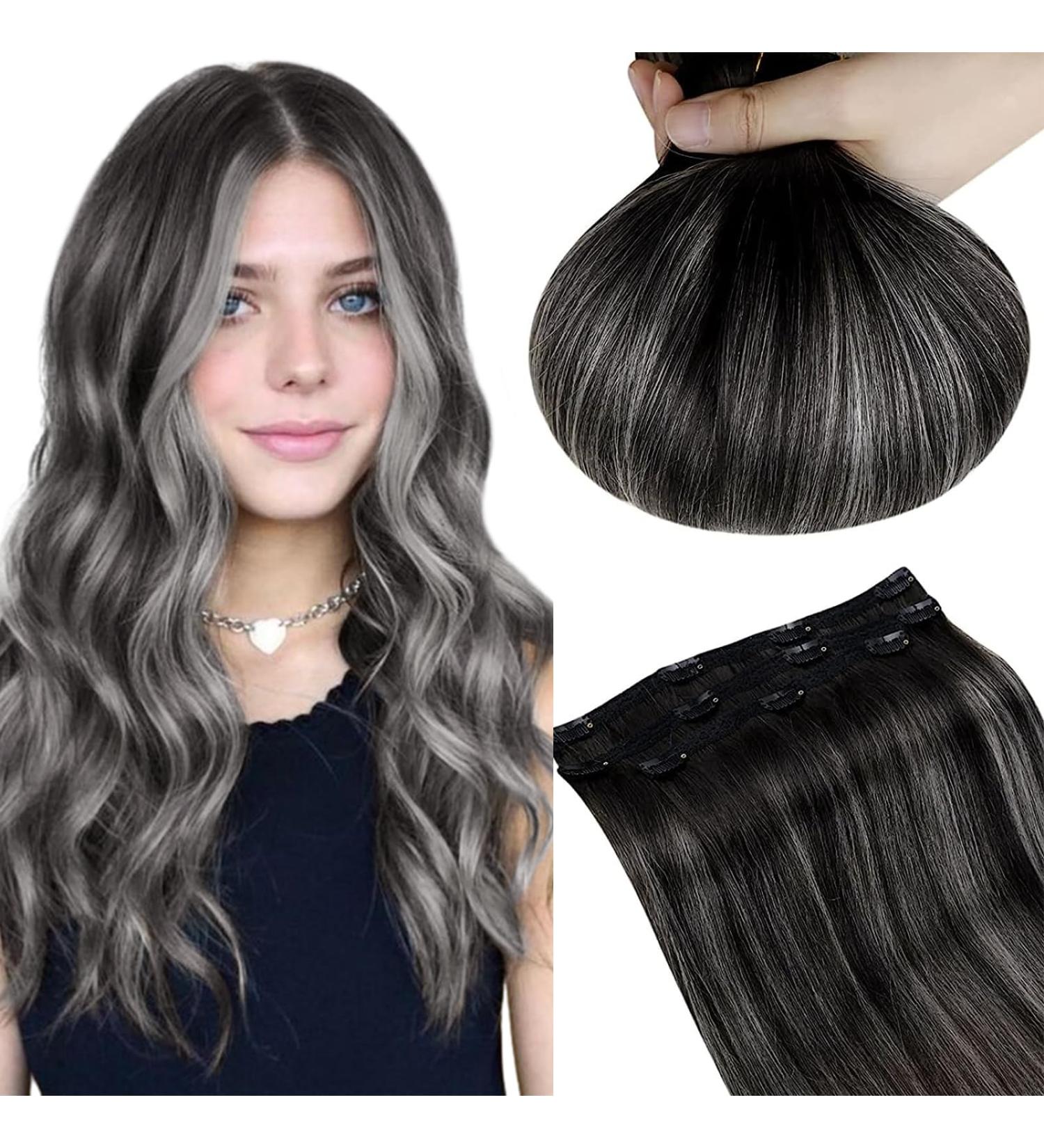 Buy Runature 55cm Balayage Black & Silver Clip In Hair Extensions - Real Human Hair Silky Invisible 50g - 3 Pieces #1b/Silver/1b - Buy Online on GoSupps.com