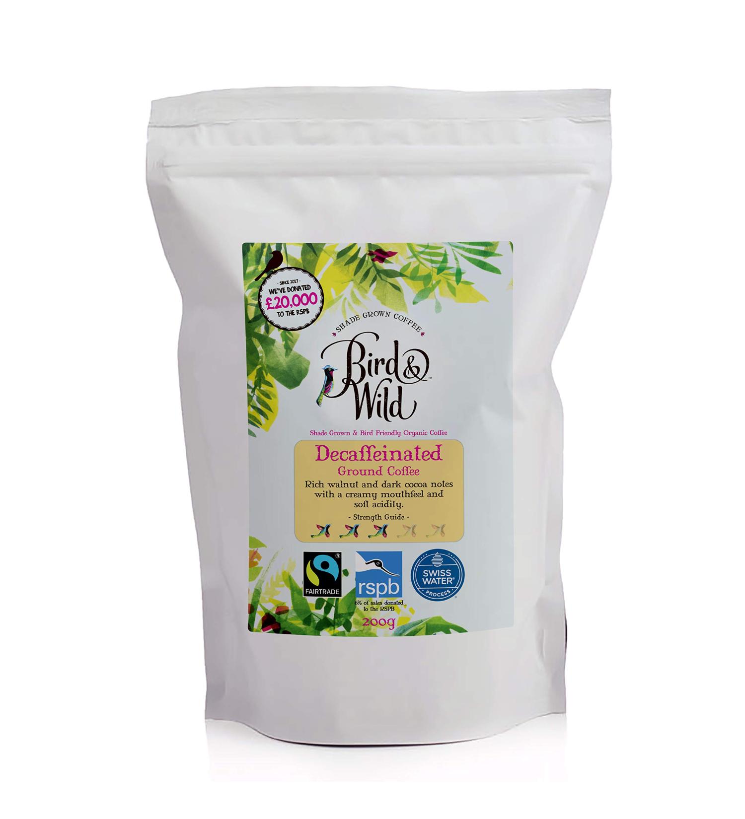 Fairtrade Organic Decaf Ground Coffee 200g - Ideal For French Press Cafetiere Filter Drip V60 Aeropress - Swiss Water Decaffeinated Process - Bird & Wild - Donation to RSPB - Strength 3 - Buy Online on GoSupps.com