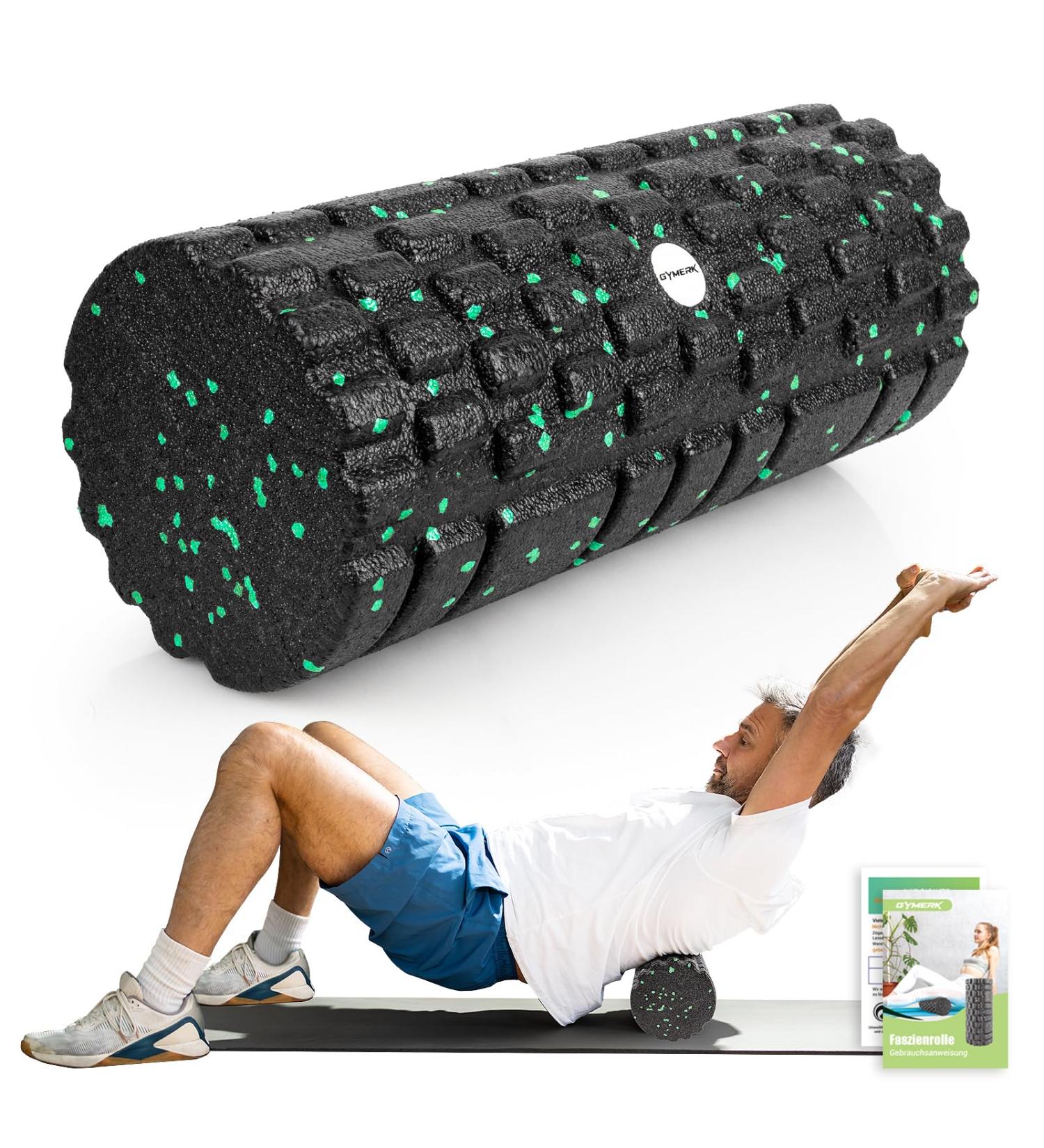 Gymer 3D Textured Foam Roller - Medium Hardness Massage Roller for Muscle Tension Relief (33x14 cm) - Professional Massage Tool in Black Green - Buy Online on GoSupps.com