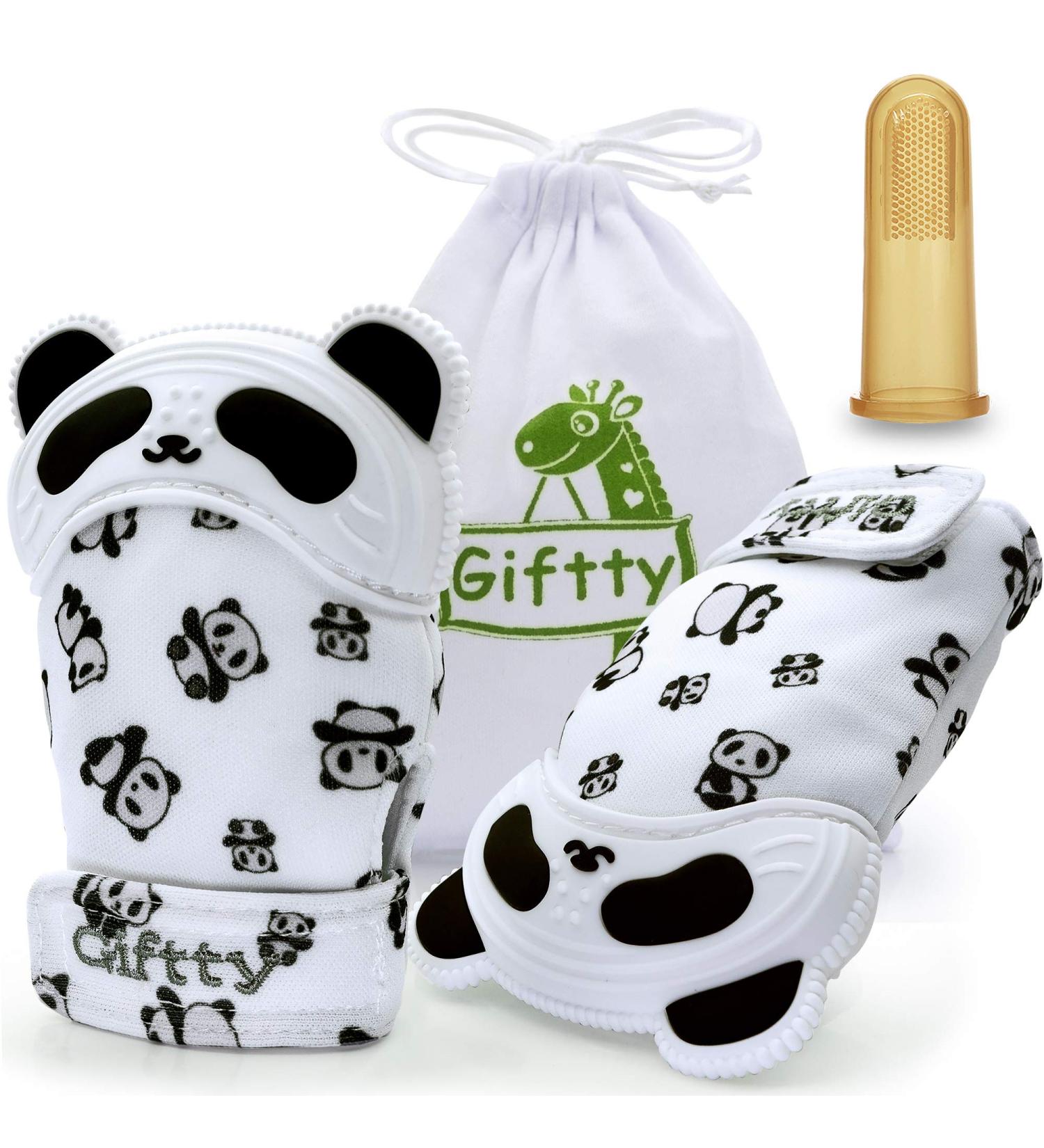 BPA-Free Panda Teething Mitten Set for Baby Boys and Girls - 1 Pair of Chewing Gloves + Bonus Toothbrush - Buy Online on GoSupps.com