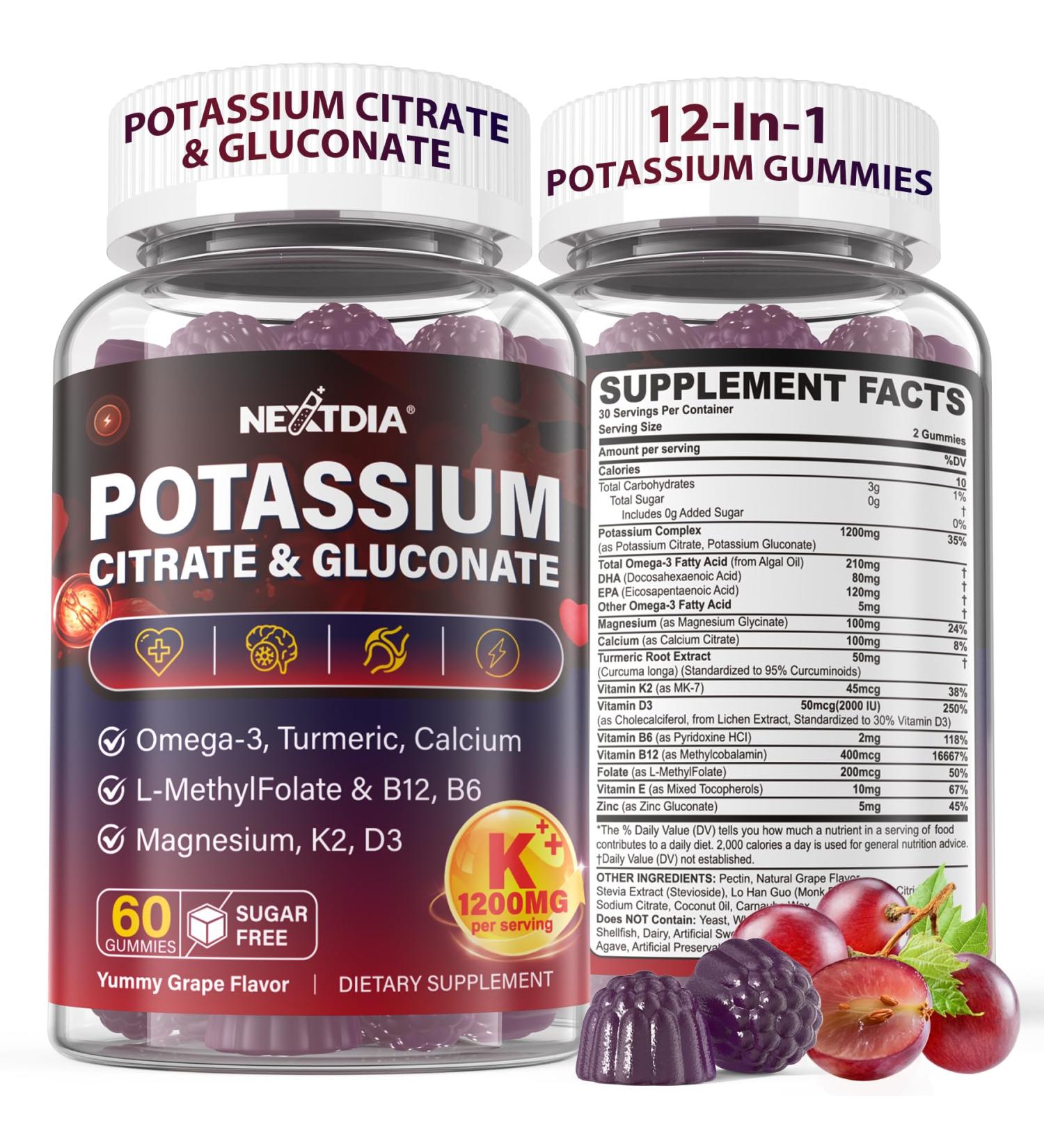 Potassium Citrate and Potassium Gluconate Supplement, 1200mg Two Forms of Potassium Gummies, w/Magnesium, Omega-3, Calcium, Vitamin D3 K2 B12 E B6, Folate for M , Nerves, Health Bones, 120Cts 60 Count (Pack of 2) - Buy Online on GoSupps.com