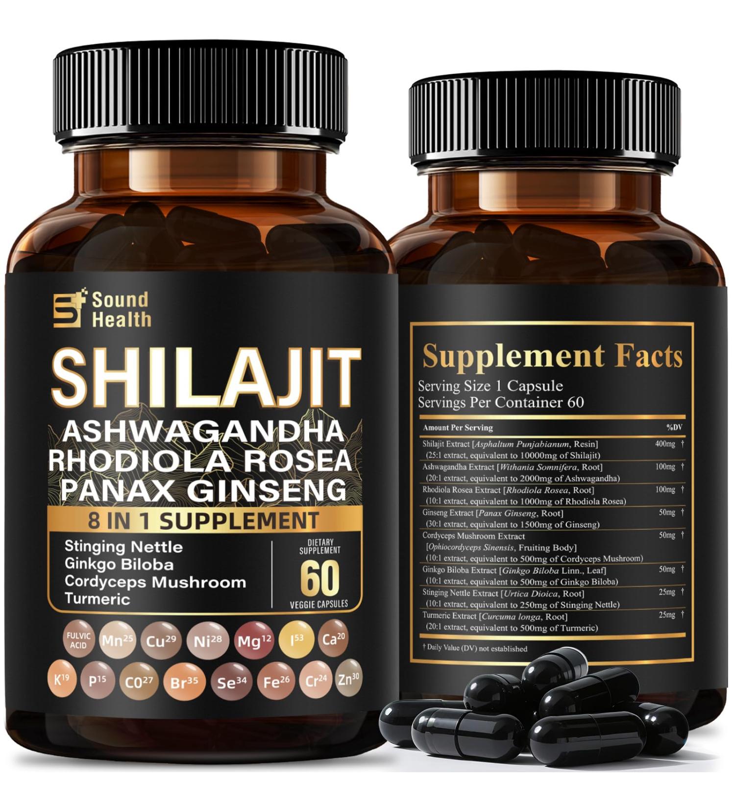 Sound Health Plus Shilajit Complex Capsules with Ashwagandha Rhodiola Ginseng & Cordyceps | 8-in-1 Herbal Supplement | 60 Veggie Capsules - Buy Online on GoSupps.com