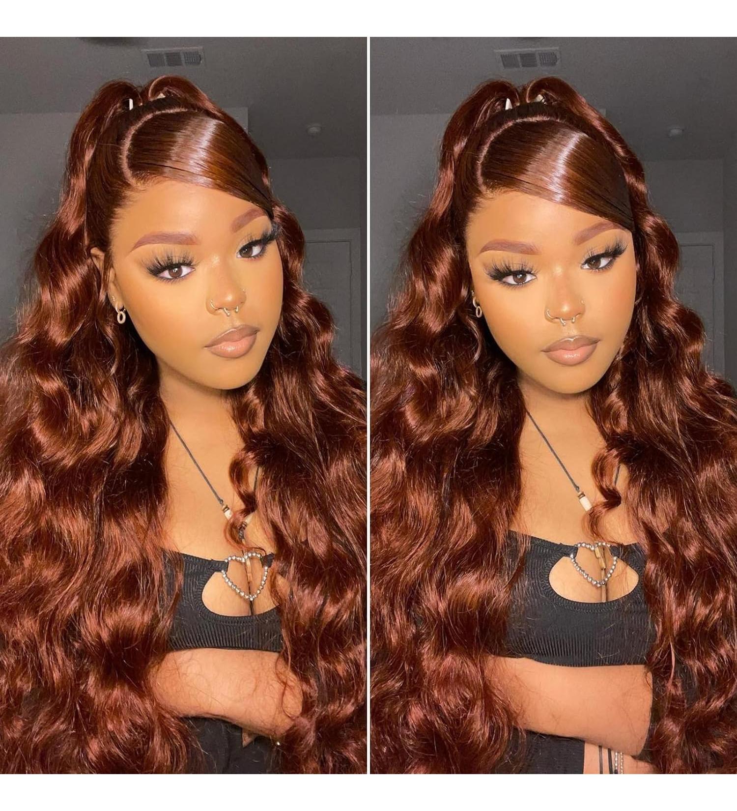 Reddish Brown #33 26 Inch HD Lace Front Body Wave Wig for Black Women | Brazilian Virgin Human Hair | Pre Plucked 180% Density | Glueless Frontal Wig with Baby Hair - Buy Online on GoSupps.com