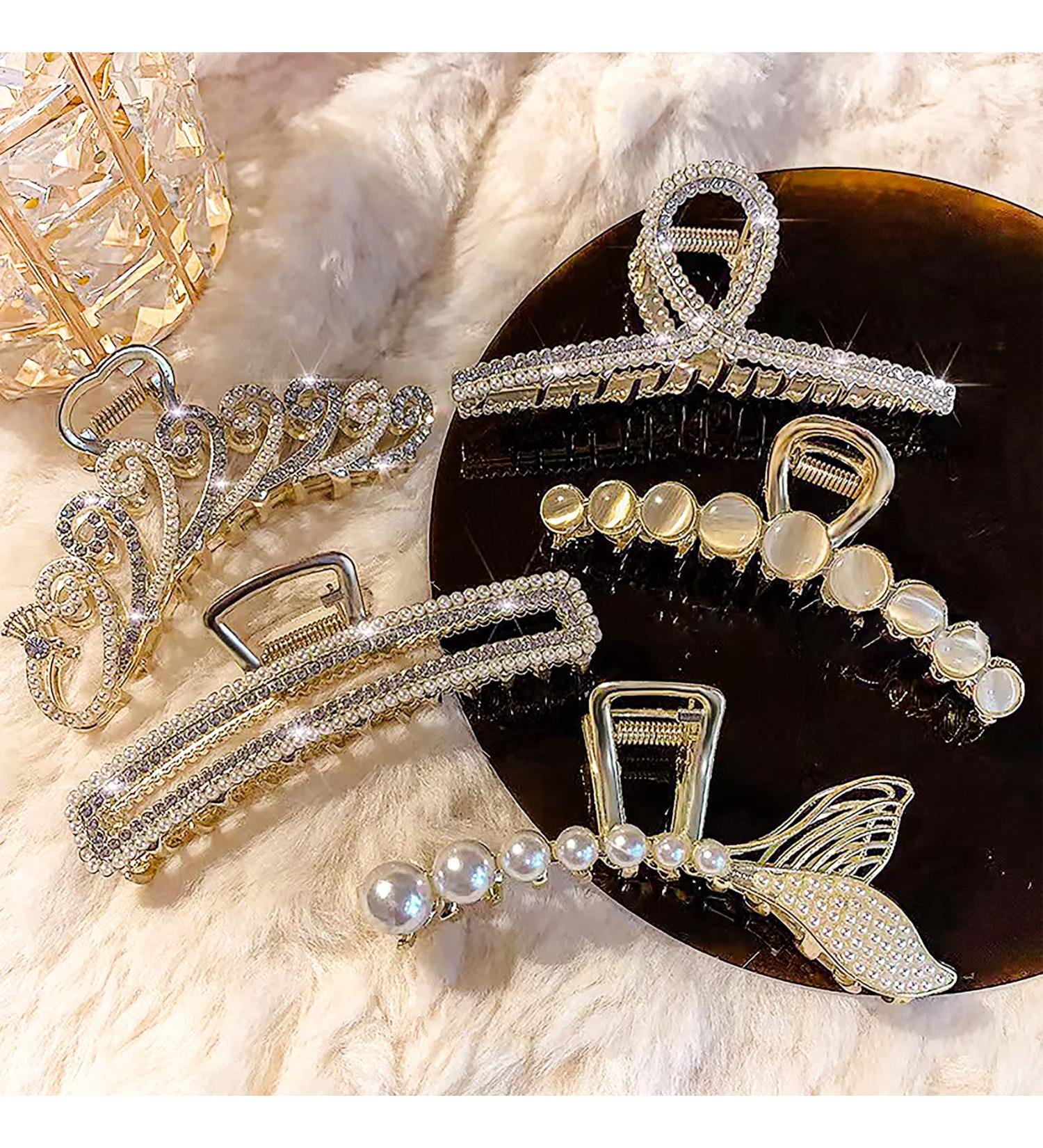 5 Pcs Large Metal Hair Claw Clips with Shiny Pearl and Rhinestone - Non-Slip Hair Clamps for Thin and Thick Hair - Cat's Eye Opal Stone Hair Hold Clip for Women - Buy Online on GoSupps.com