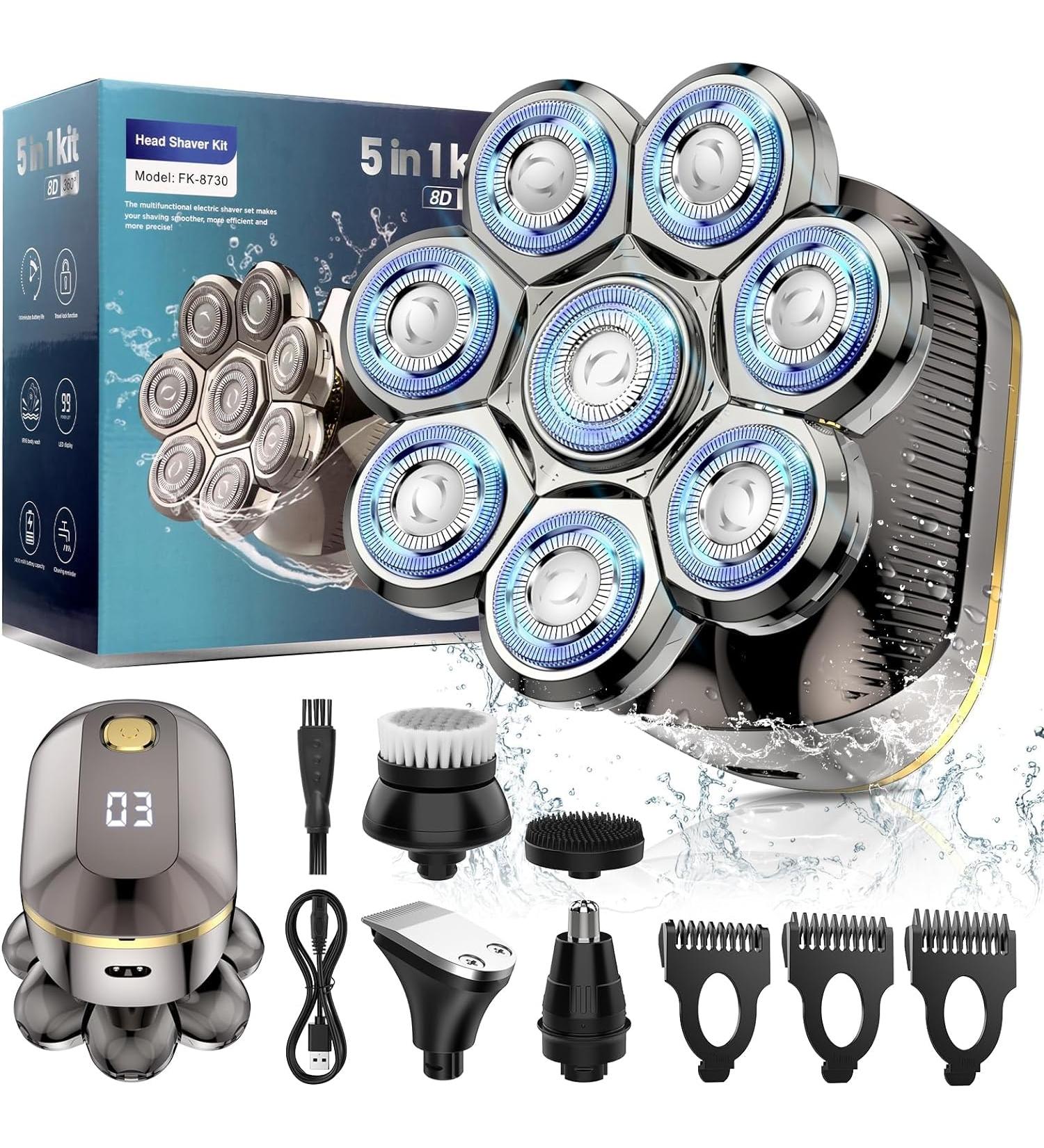 Elestyle 5-in-1 Bald Shaver for Men - Waterproof Electric Head Razor with 8 Rotating Heads Beard & Nose Hair Trimmer Kit - Buy Online on GoSupps.com