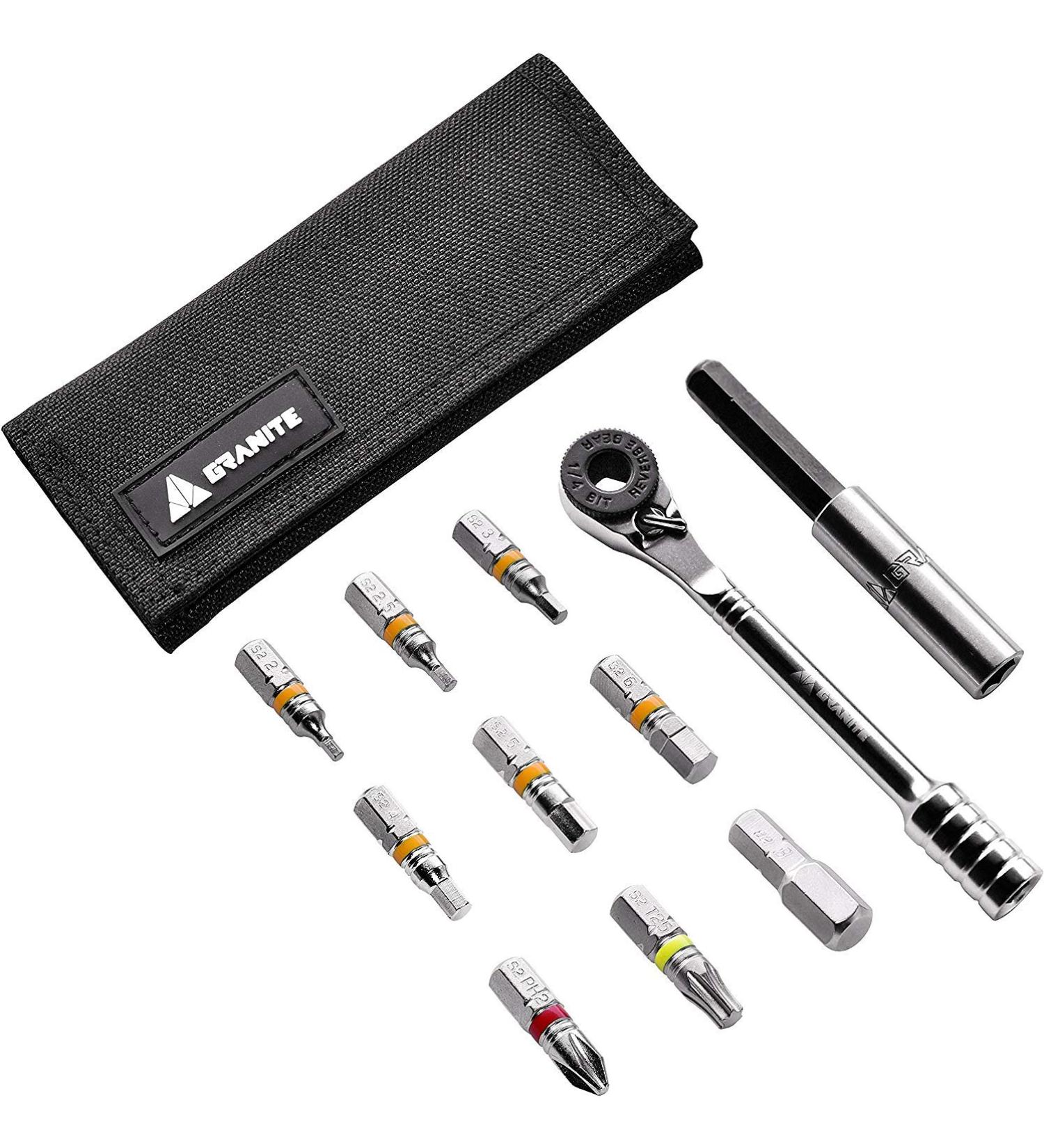 Granite Rocknroll Mini Ratchet Bike Tool Kit with 9 Tool Bits & Extension Rod - Multitool for Road & Mountain Bikes, Black - Buy Online on GoSupps.com