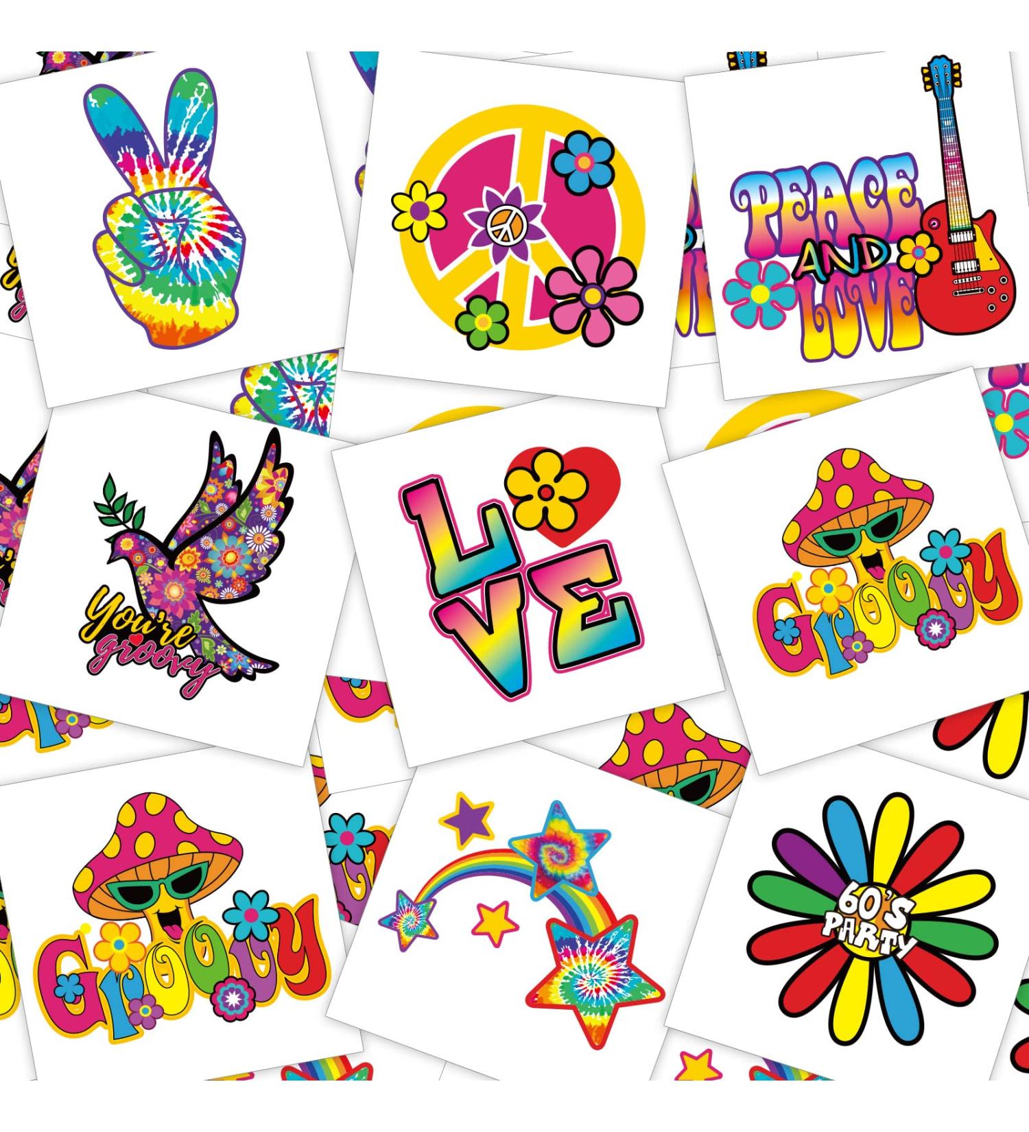 Hippie Temporary Tattoos Stickers for Kids - 144 Piece Assorted Pack | 70s 80s 90s Groovy Designs | Hippie Face, Love and Peace Decals | Ideal for Hippie Party Favors - Buy Online on GoSupps.com