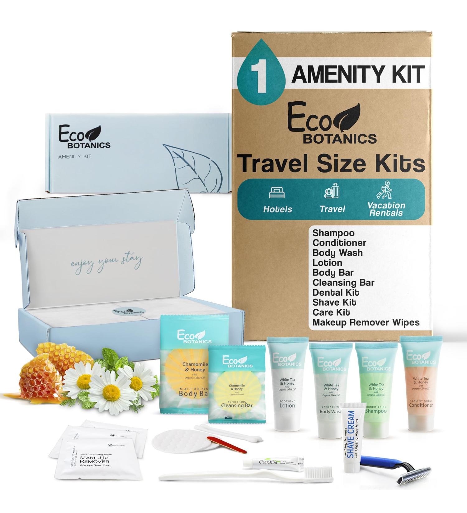 Eco Botanics Amenity & Accessory Kit | 0.85 oz Travel Size Shampoo Conditioner Lotion Body Wash Body Bar Cleansing Bar Shave & Dental Sets Make-Up Remover Wipes & Vanity Kit | 1 set per case 5 PIECES (BOXED) - Buy Online on GoSupps.com