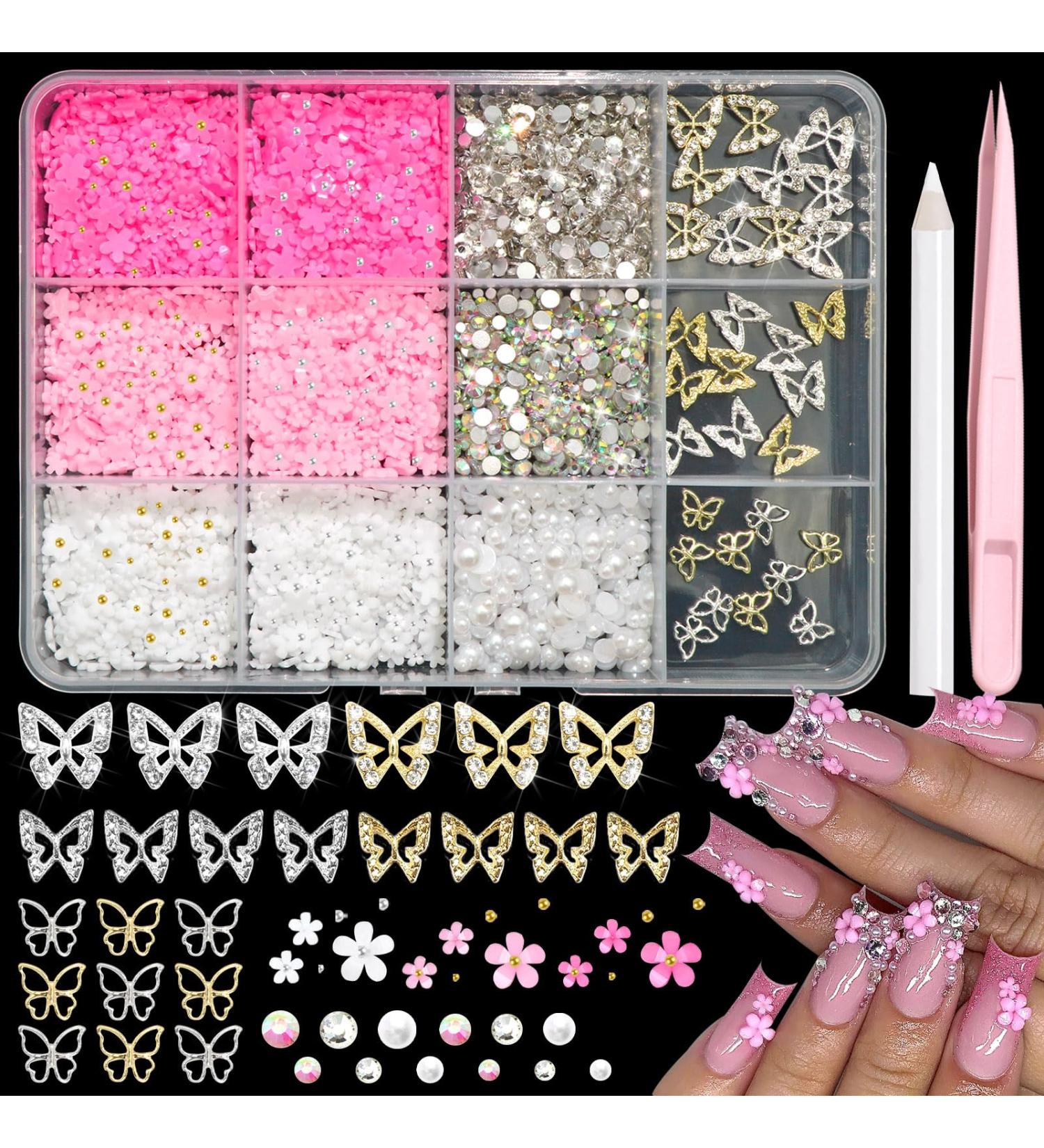 RODAKY Butterfly Nail Art Charms | 3D Pink Flower Rhinestones & Acrylic Gems for Women | Flatback Nail Decorations - Buy Online on GoSupps.com