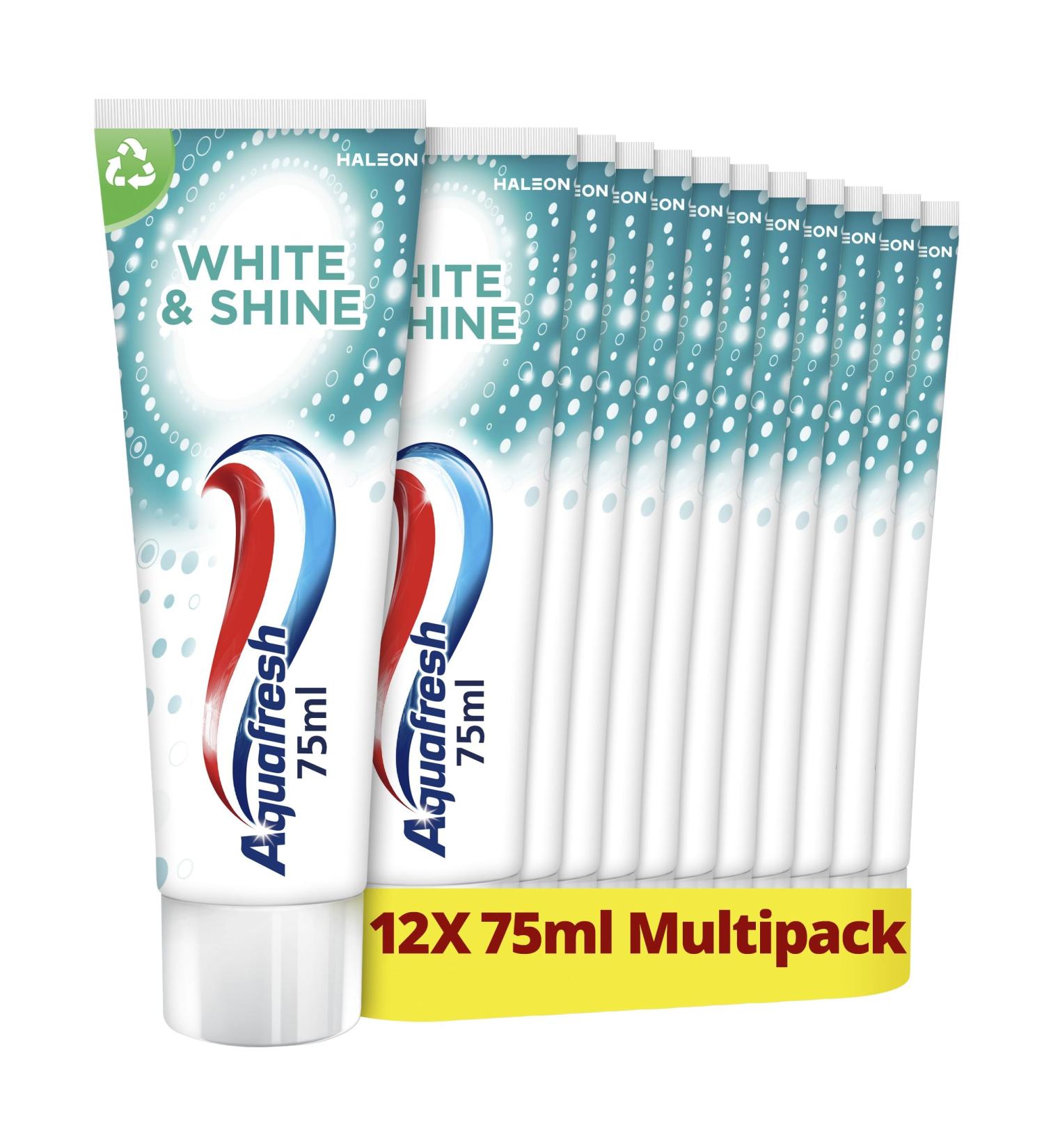 Aquafresh Aquafresh White & Shine Whitening Toothpaste For Strong Teeth and Fresh Breath with a Whitening Effect Pack of 12 x 75ml Recyclable Plastic Tube and Cap