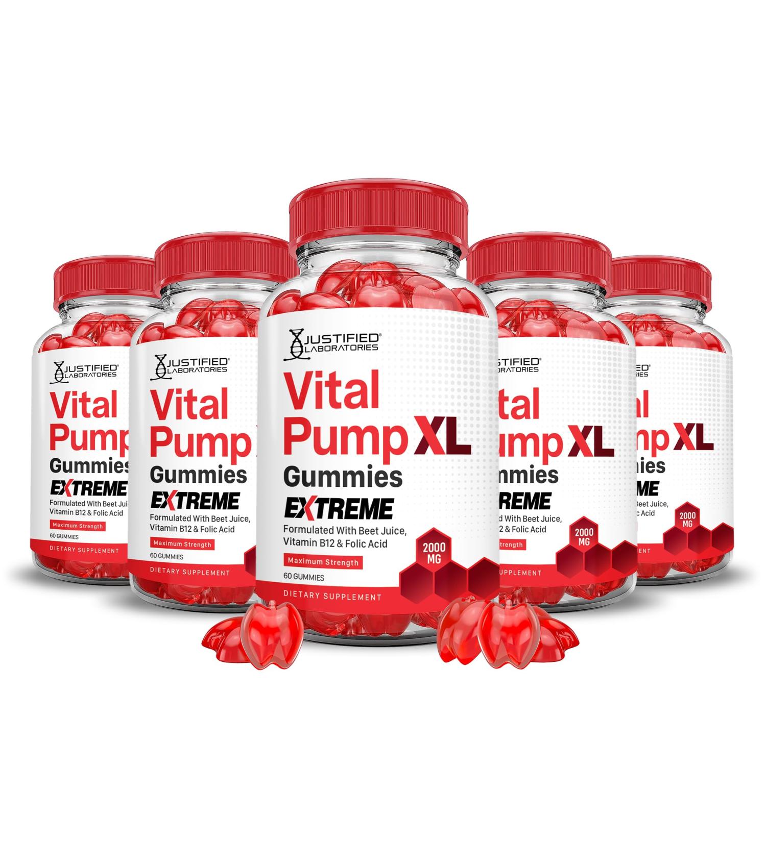 Justified Laboratories (5 Pack) Vital Pump XL Extreme 2000MG Performance Gummies Vital PumpXL Advanced Formula Formulated with Beet Juice ACV Pomegranate Powder B12 Vegan Non GMO 300 Gummys - Buy Online on GoSupps.com