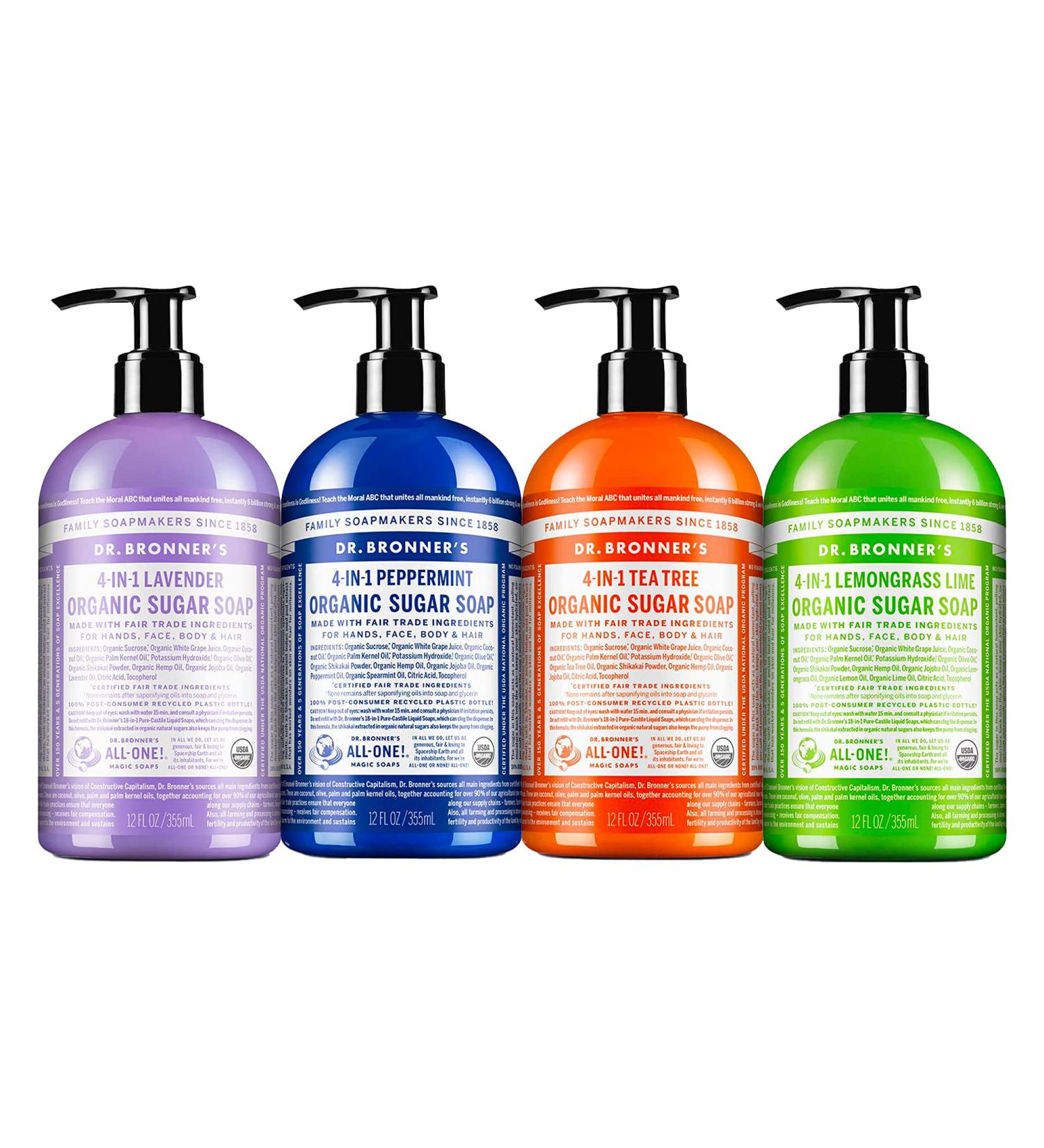 Dr. Bronner's Organic Sugar Soap Variety Pack (12 oz) - Lavender, Peppermint, Tea Tree & Lemongrass - 4-in-1 Soap for Hands, Body, Face & Hair - Organic Oils, Sugar & Shikakai Powder - Cleanses, Moisturizes & Nourishes - Buy Online on GoSupps.com