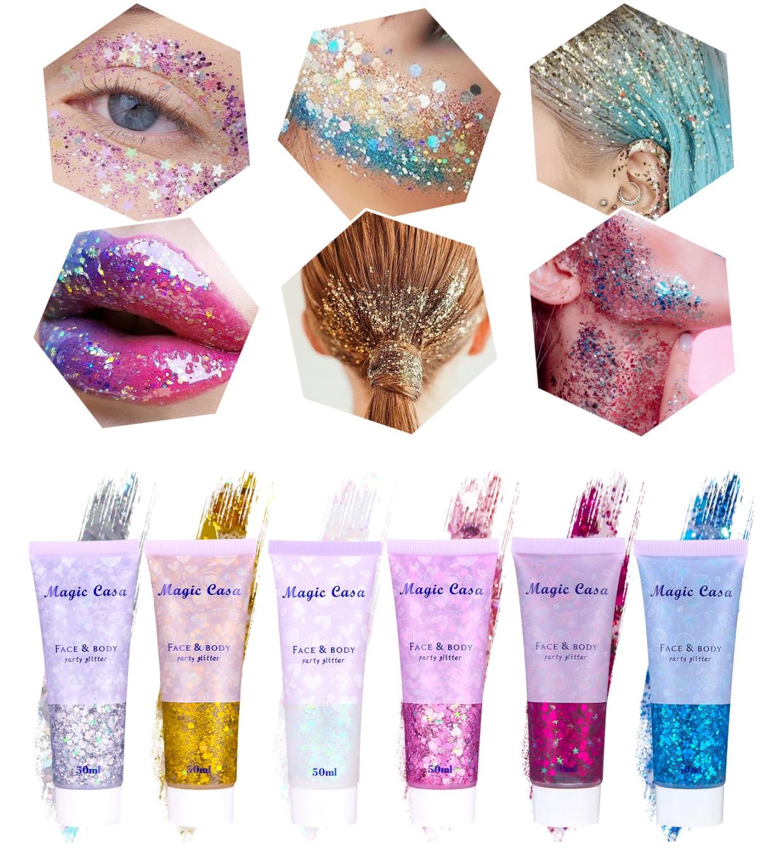 Shop Tidevan 6-Piece Body Glitter Gel Set for Long-Lasting Festival Makeup | Chunky Glitter for Face Hair Lips & Nails - Silver Gold Pink White Red Blue - Buy Online on GoSupps.com