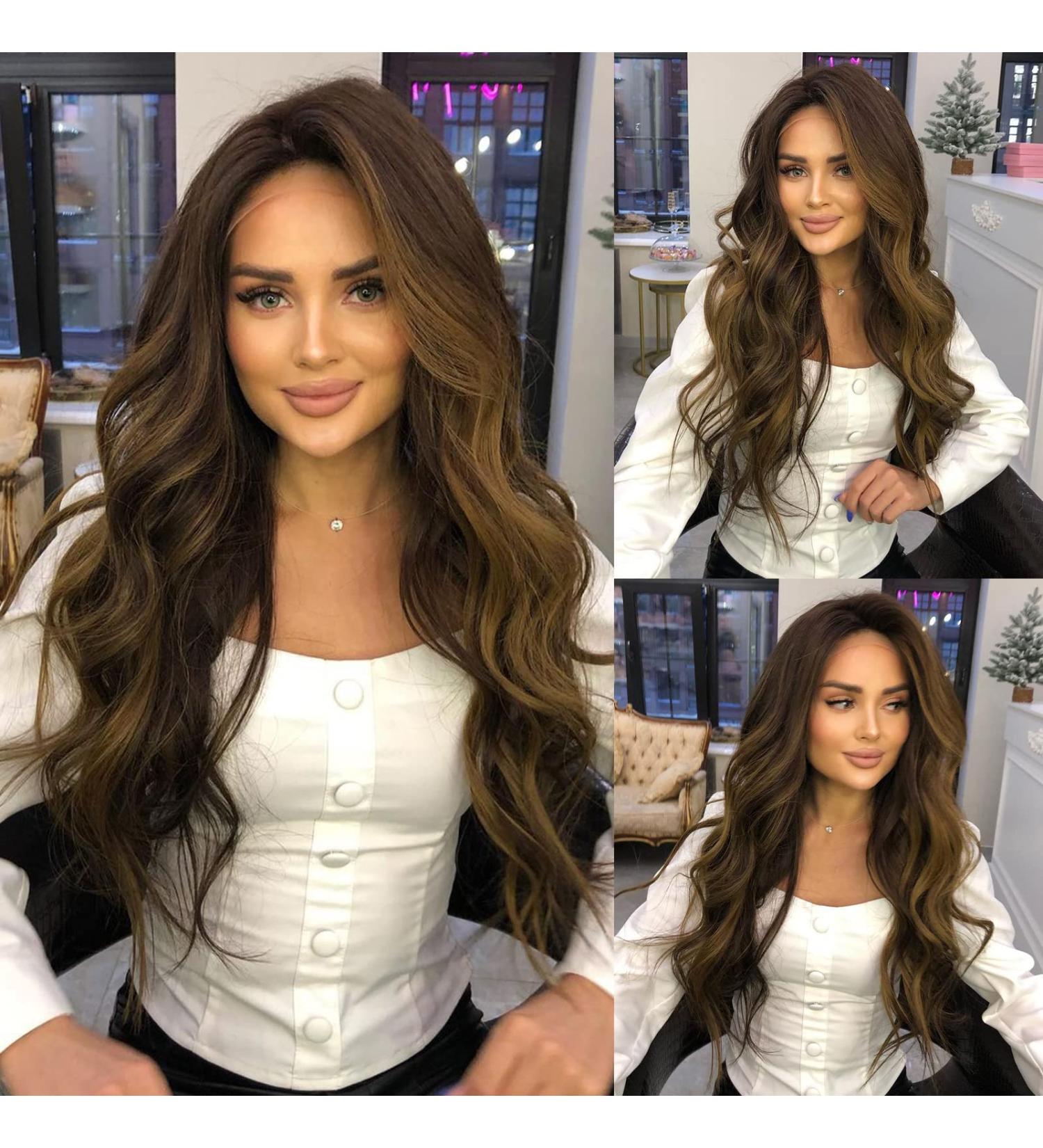 Alanhair Long Curly Wave Honey Brown Lace Wig for Women - Heat Resistant Synthetic Wig for Daily & Cosplay - Natural & Glueless - Buy Online on GoSupps.com
