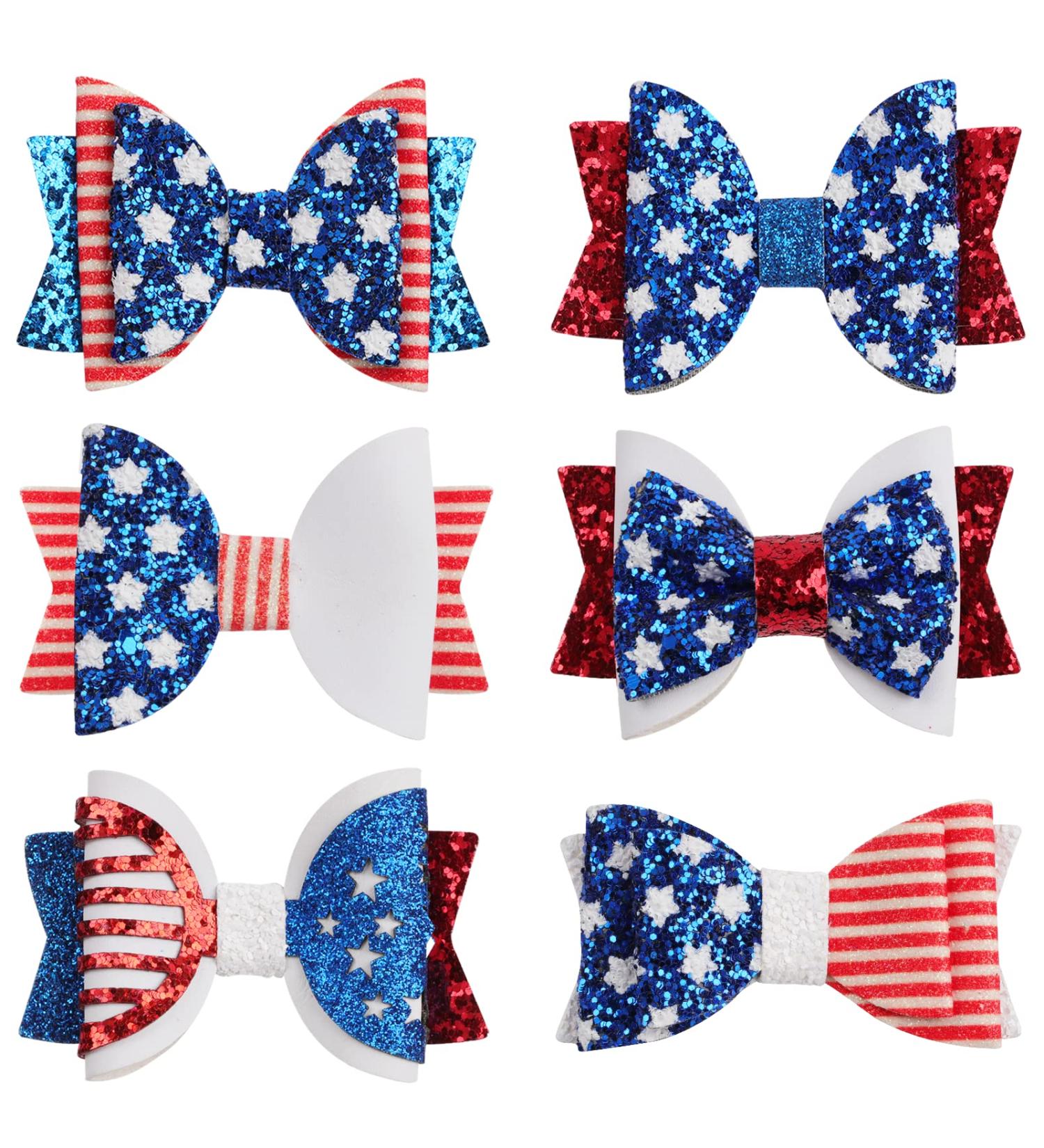 6PCS 4th of July Glitter Hair Bows Clips - Patriotic Stars and Stripes Barrette Alligator Clips Girls Accessories - Buy Online on GoSupps.com