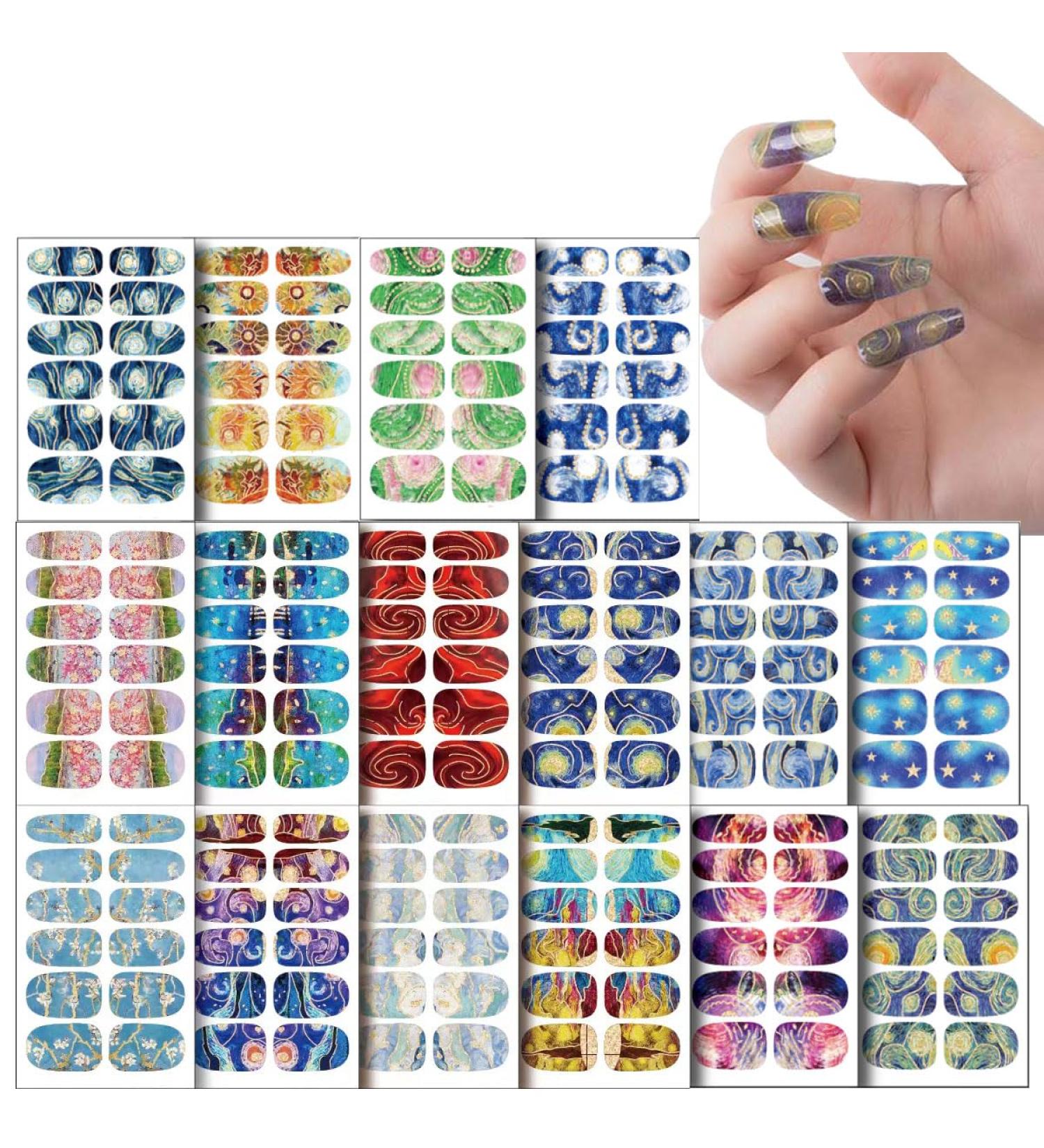 NAILDOKI Nail Stickers 16 Sheets x 12 Pieces Full Wraps Nail Polish Strips Self-Adhesive Gel Nail Art Decals for Women Girls A3-01 - Buy Online on GoSupps.com