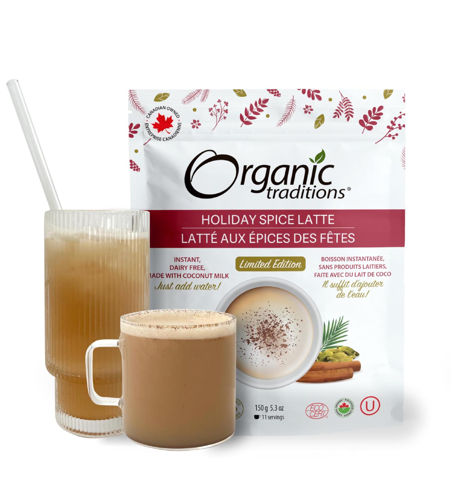 Organic Traditions Holiday Spice Instant Latte Limited Edition Seasonal Flavour Superfood Caffeine Free Dairy Free Drink Mix for Hot and Iced Latte Drink 150g/5.3oz Bag - Buy Online on GoSupps.com