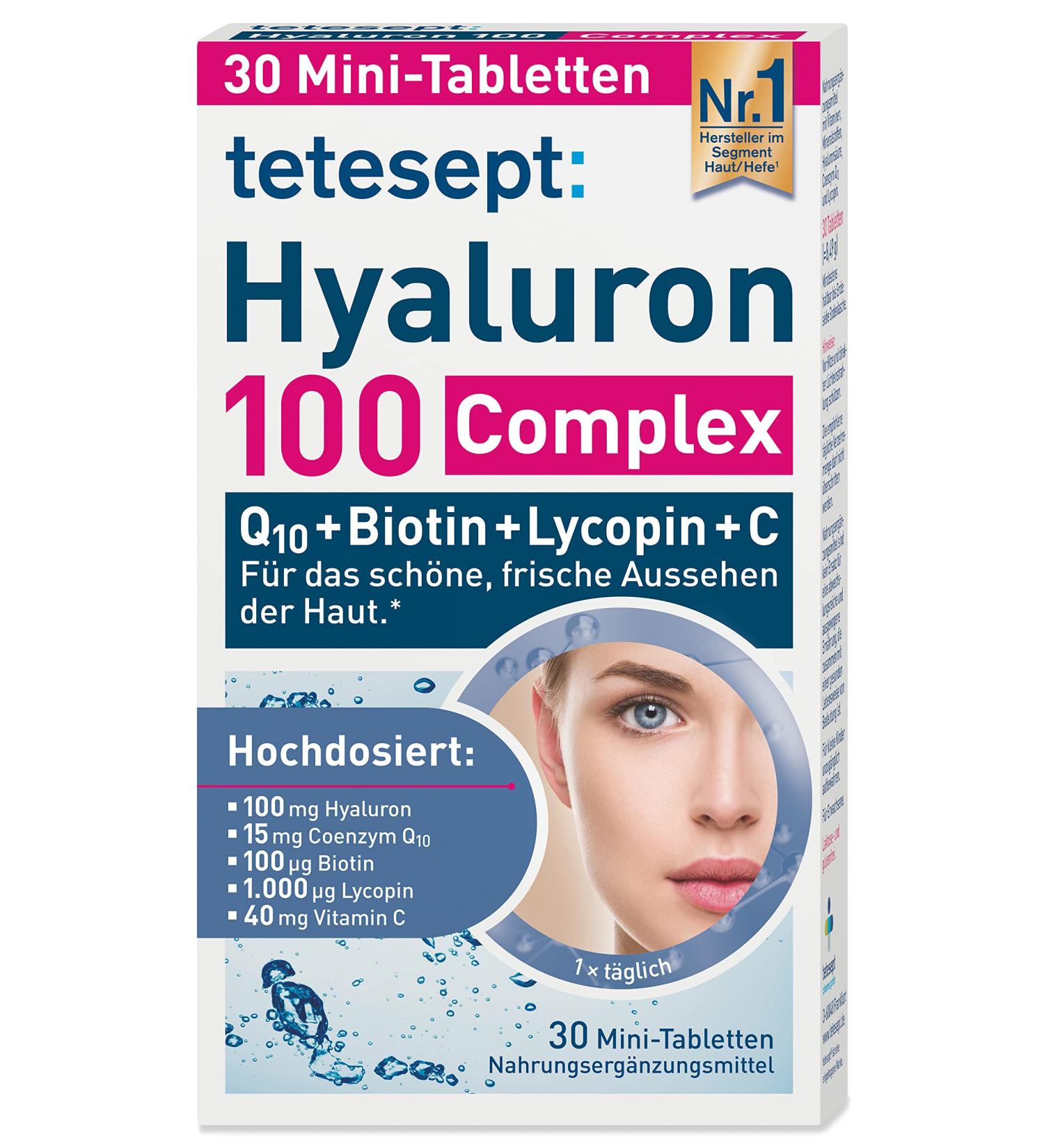 Tetesept Hyaluron 100 Complex - Q10 Biotin Lycopin Vitamin C | Dietary Supplement for Radiant Skin - 30 Mini Tablets - Buy Online on GoSupps.com