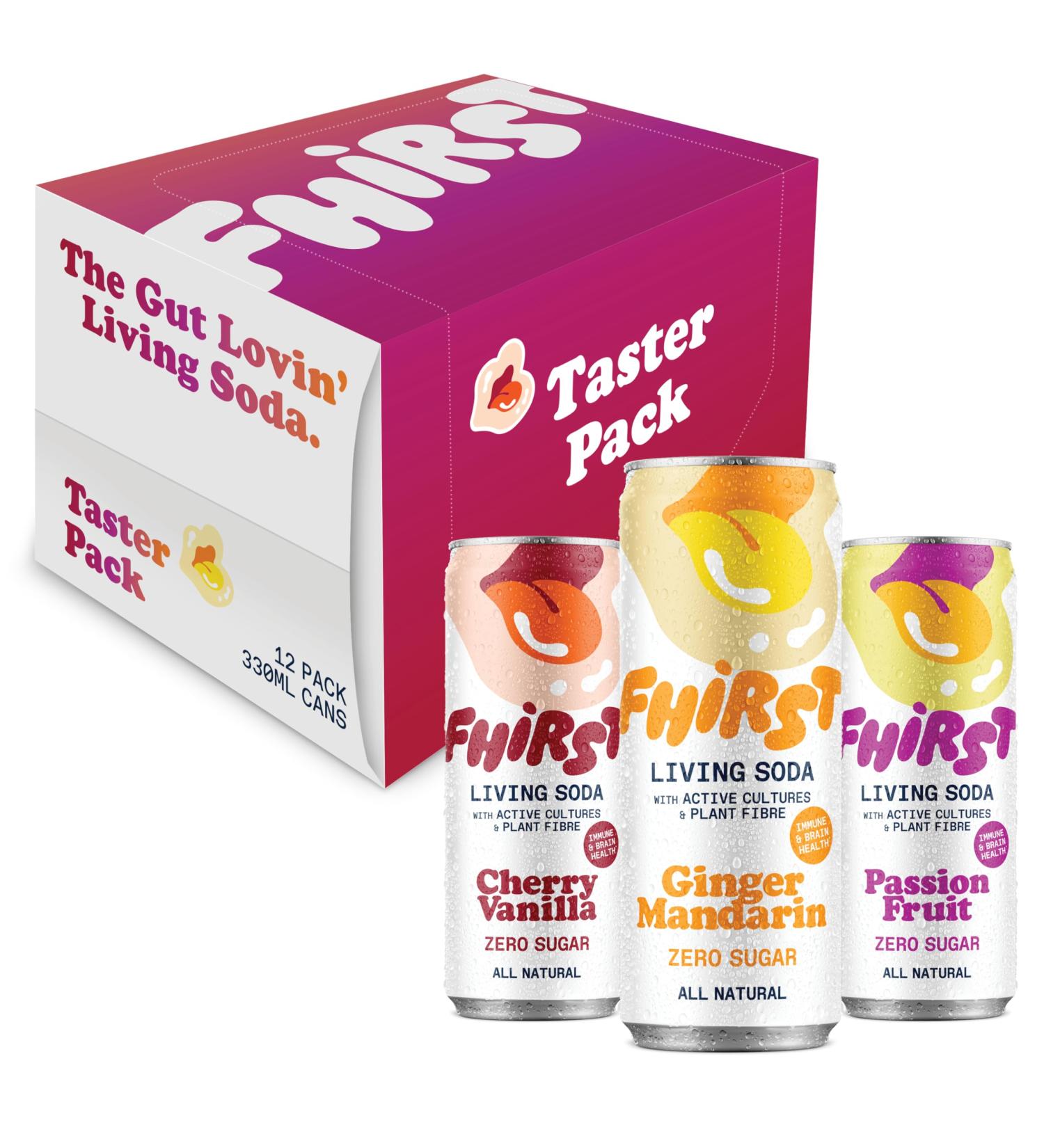 FHIRST Living Soda Taster Pack | Probiotic/Prebiotic Soda for Gut Health| Ginger Mandarin Cherry Vanilla & Passion Fruit Flavours | Zero Sugar or Sweetener | Mix pack - 12 x 330ml - Buy Online on GoSupps.com