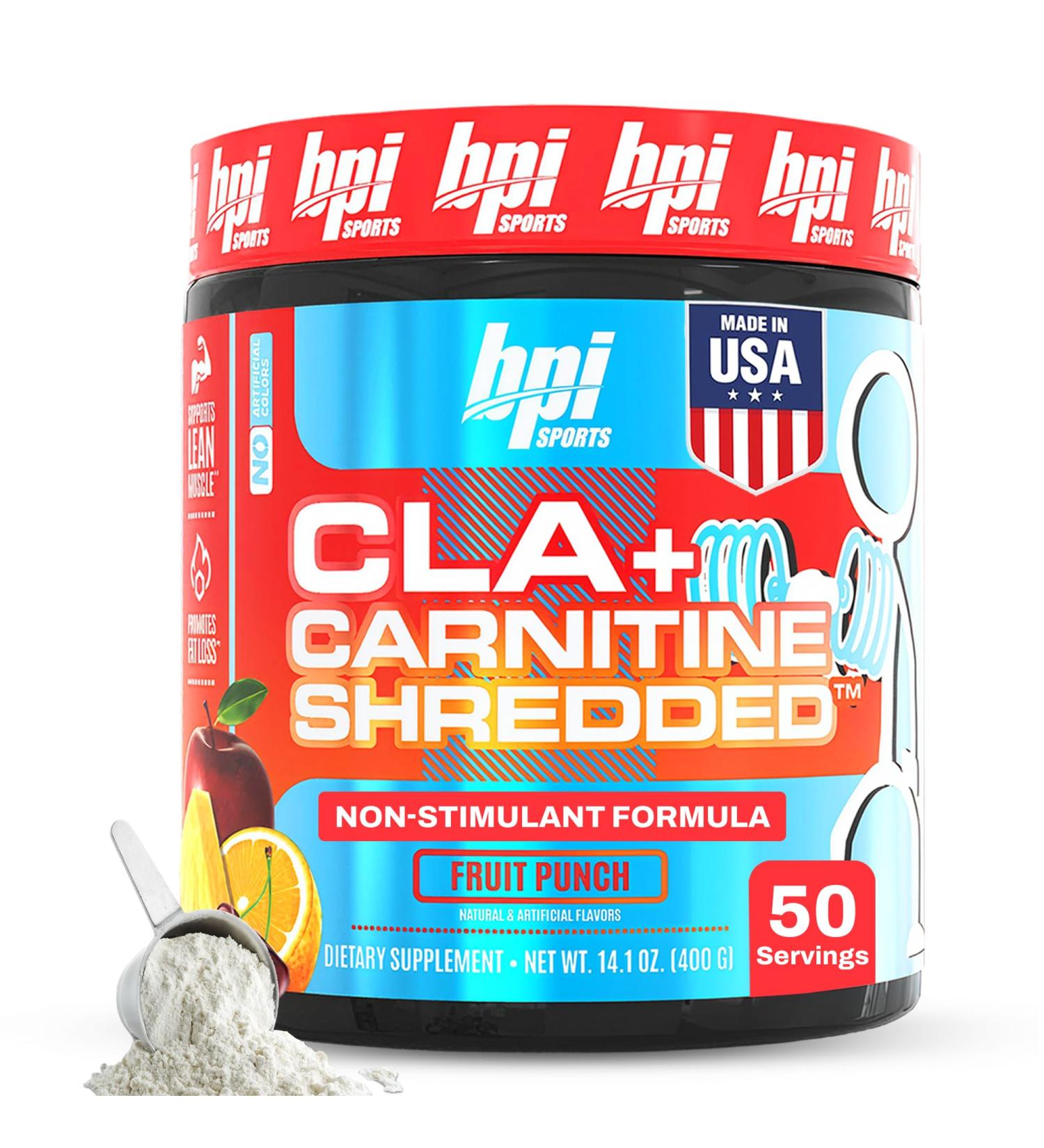 BPI Sports CLA + Carnitine Shredded - Convert Fat Cells Into Energy and Supports Lean Muscle Boost Metabolism - Non-Stimulant L-Carnitine Supplement - Fruit Punch (14.1 oz. / 50 Servings) - Buy Online on GoSupps.com