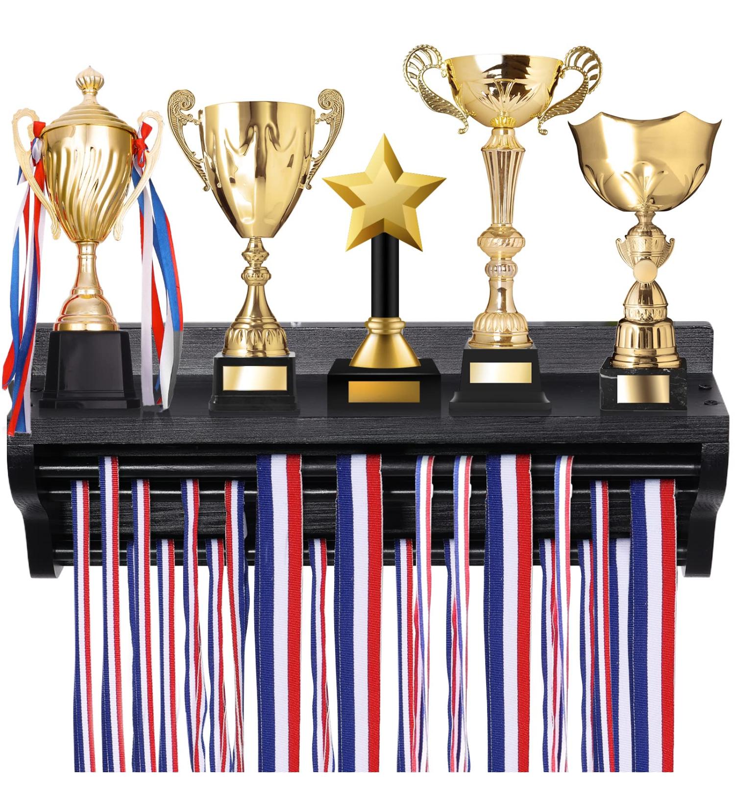 Pllieay Wooden Medal Hanger Display with Shelf - Black Race Medal Trophy Holder - Buy Online on GoSupps.com