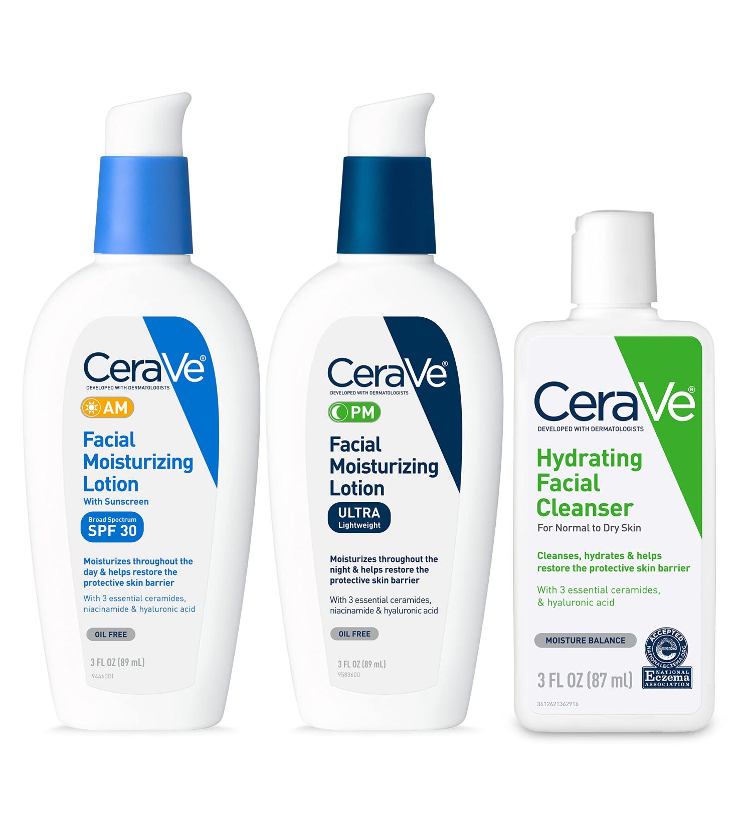 CeraVe AM & PM Face Moisturizer with SPF + Hydrating Face Wash Set | Travel Size Skin Care Routine for Morning & Night | 3oz Lotion + 3oz Lotion + 3oz Cleanser - Buy Online on GoSupps.com