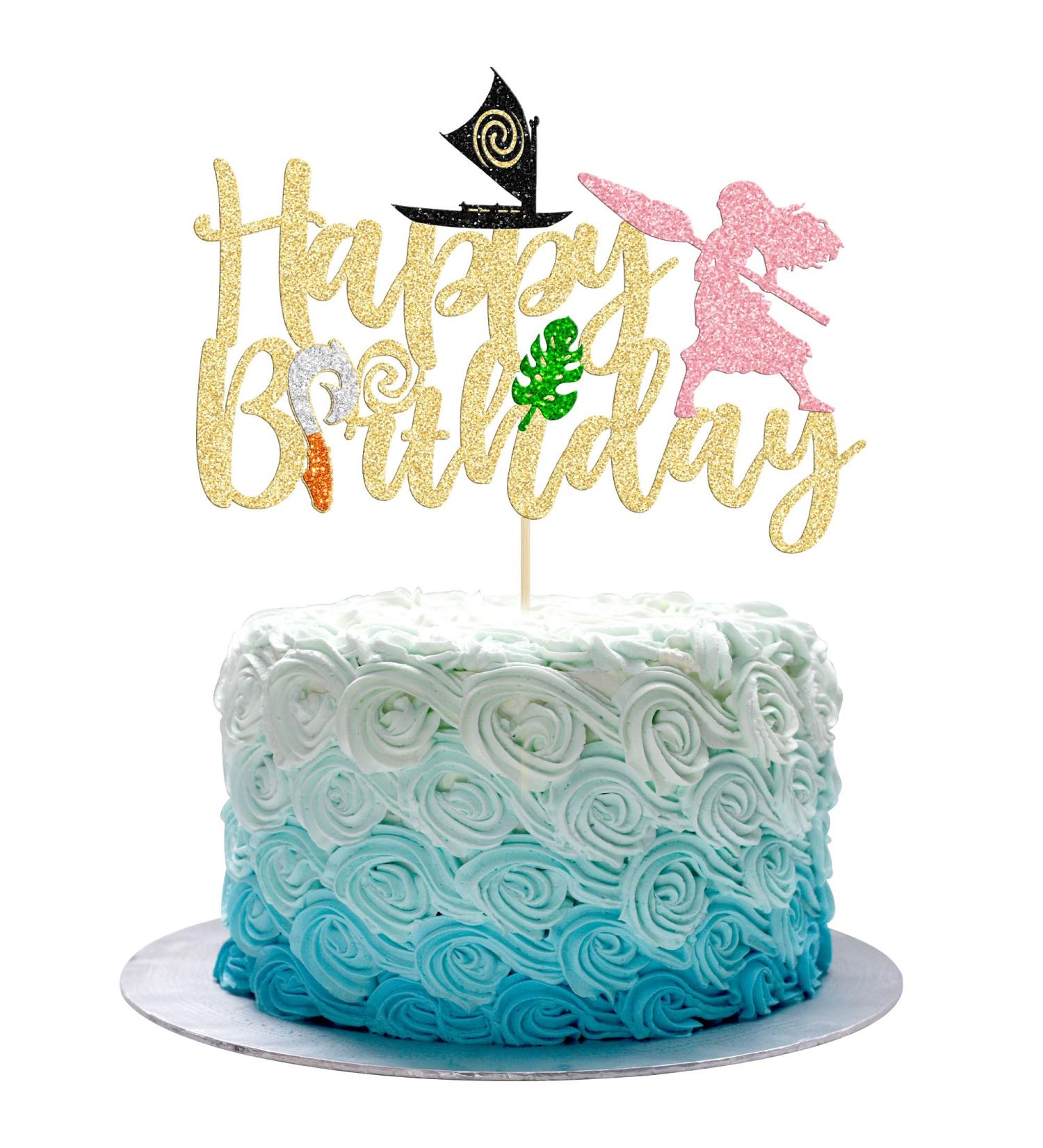1Pc Moa Inspired Cake Topper Black Glitter Palm Leaf Flower Happy Birthday Cake Pick Decoration for Tropical Hawaiian Luau Theme Baby Shower Kids Birthday Party Cake Decorations Supplies Gold E Type-gold - Buy Online on GoSupps.com