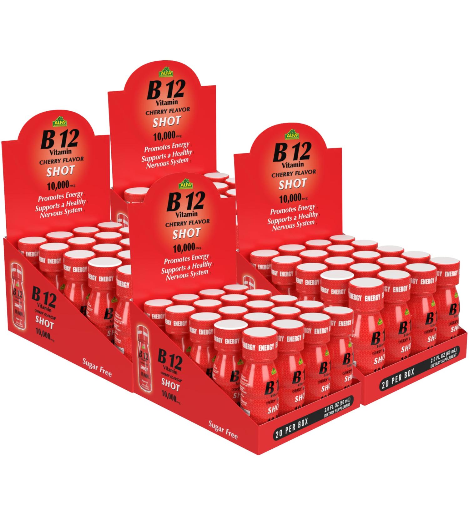 ALFA VITAMINS Vitamin B12 Energy Shot, Natural, Sugar Free Dietary Supplement, Boosts Energy, Supports Immune System, Cherry Flavored, Gluten Free, 10000 mcg per Serving, 2.0 oz Bottle, 80 Pack - Buy Online on GoSupps.com