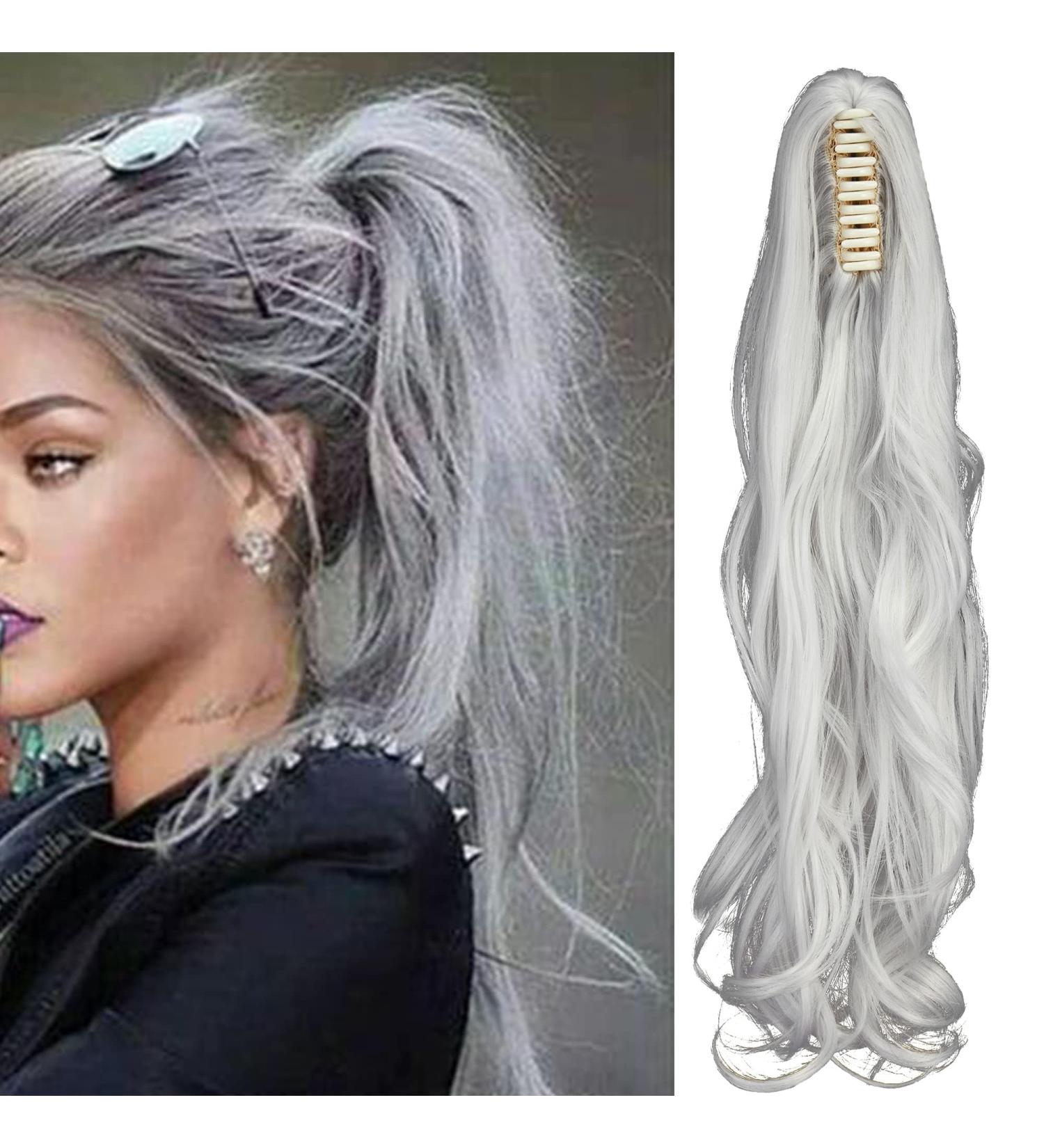 Curly Silver Grey Ponytail Clip Hair Extension 18 Inch - FXYTK Claw Jaw Ponytail - Buy Online on GoSupps.com