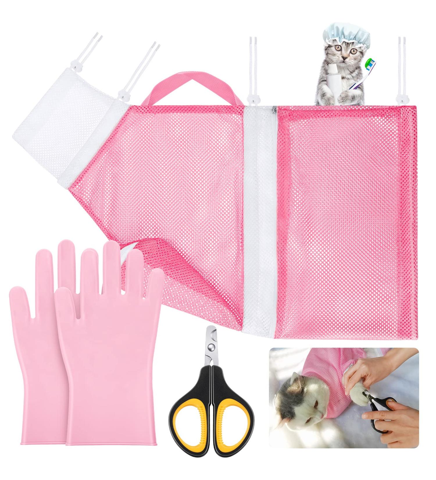 4-Piece Cat Grooming Bath Bag Set with Gloves and Nail Clippers - Perfect for Cats & Dogs Bathing and Nail Trimming - Buy Online on GoSupps.com