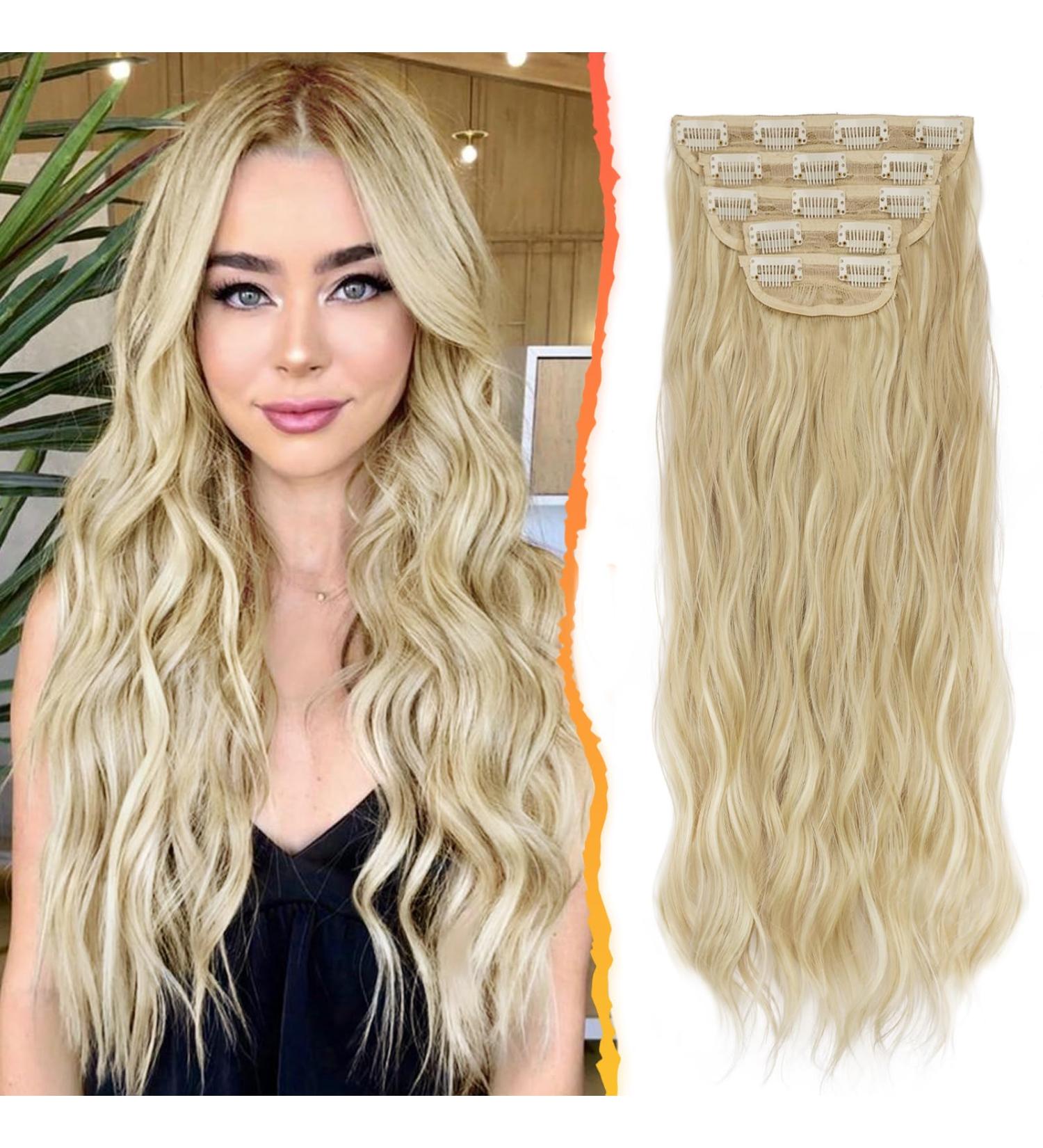 Barsdar 5 PCs Long Wavy Clip In Hair Extensions - 45 cm Light Ash Blonde with Butter Blonde Highlights | Thick Natural Soft Synthetic Hair for Women - Buy Online on GoSupps.com