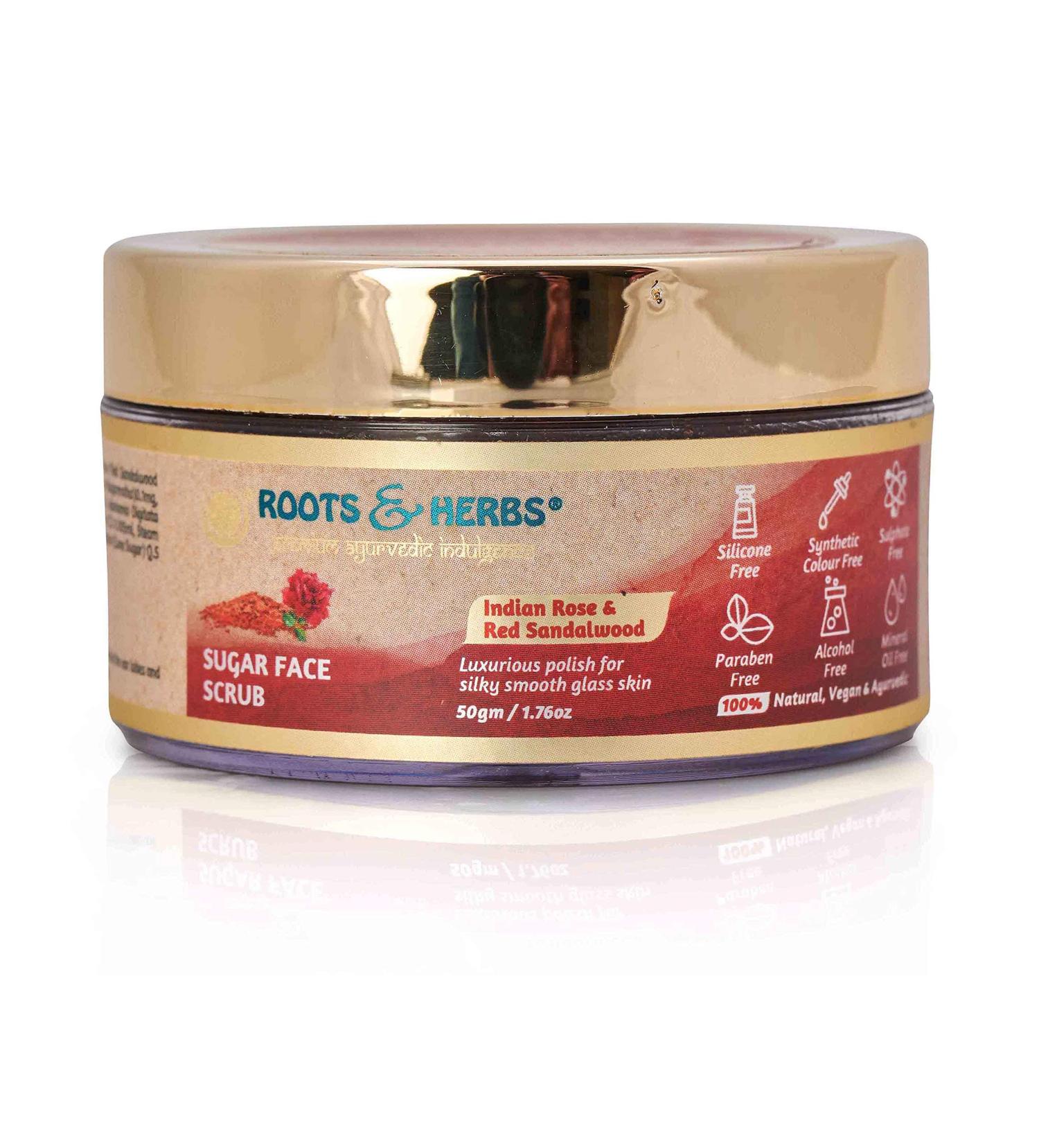 ROOTS AND HERBS Indian Rose & Red Sandalwood Sugar Face Scrub - Organic Exfoliator for Glowing Skin Collagen Boosting & Gentle Exfoliation for Women & Men - Buy Online on GoSupps.com