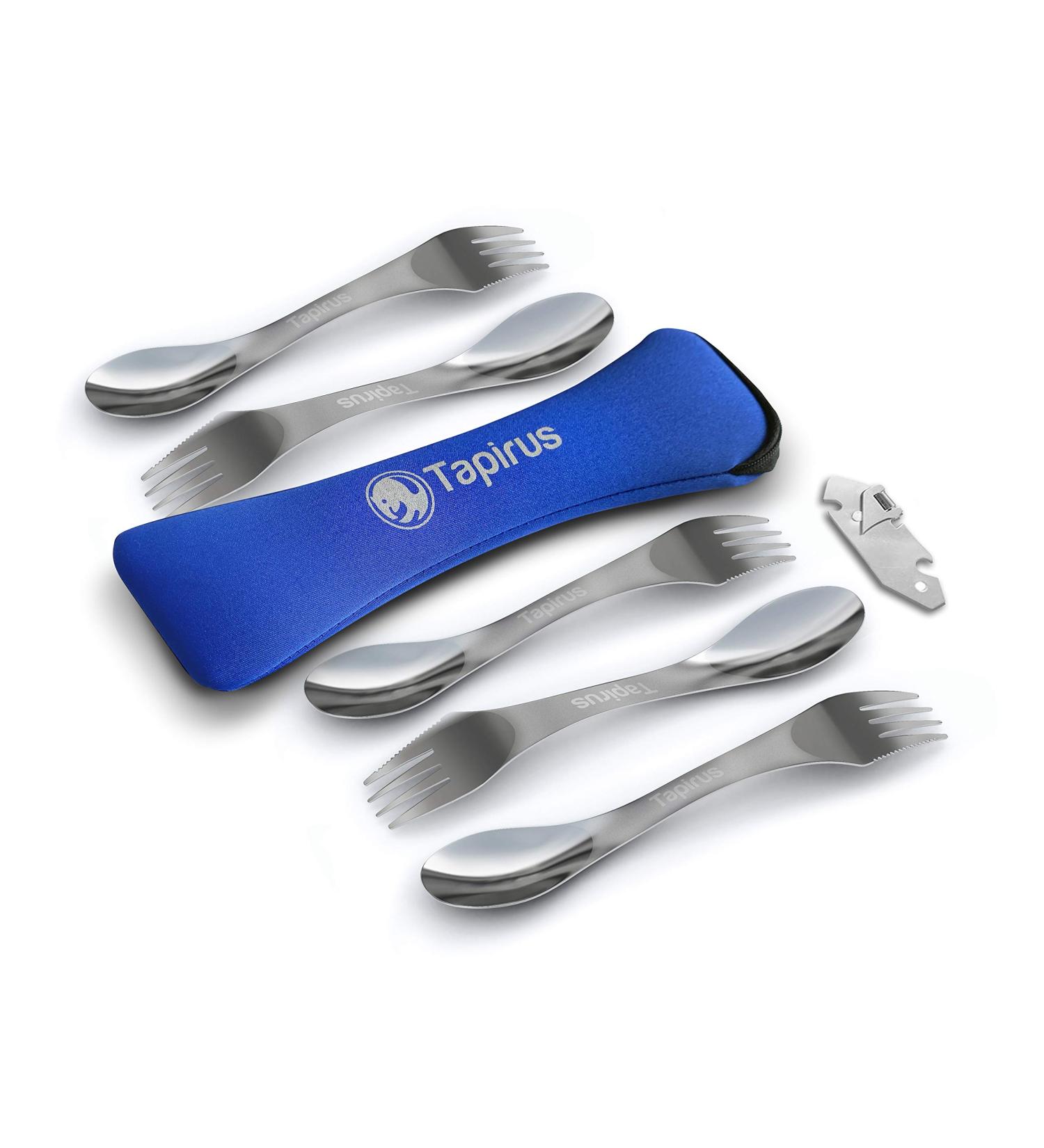 Tapirus 5-in-1 Spork Of Steel Utensils Set - Durable Rust-Proof Stainless Steel for Camping, Fishing, Hunting & Outdoor Activities - Includes Spoon, Fork, Knife, Bottle Opener & Carrying Case - Buy Online on GoSupps.com