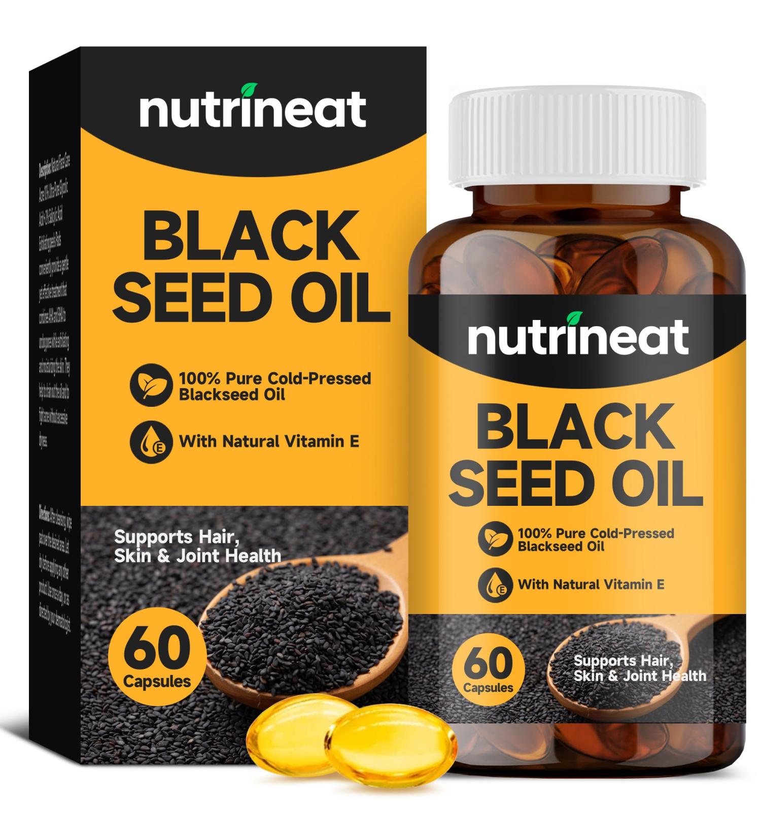 NutriNeat Black Seed Oil Capsules (60 Softgel Capsules) Organic Black Seed Oil Blackseed Oil Organic Cold Pressed with Black Cumin Seed & Vitamin E Premium Supplement for Hair Skin & Joint Health